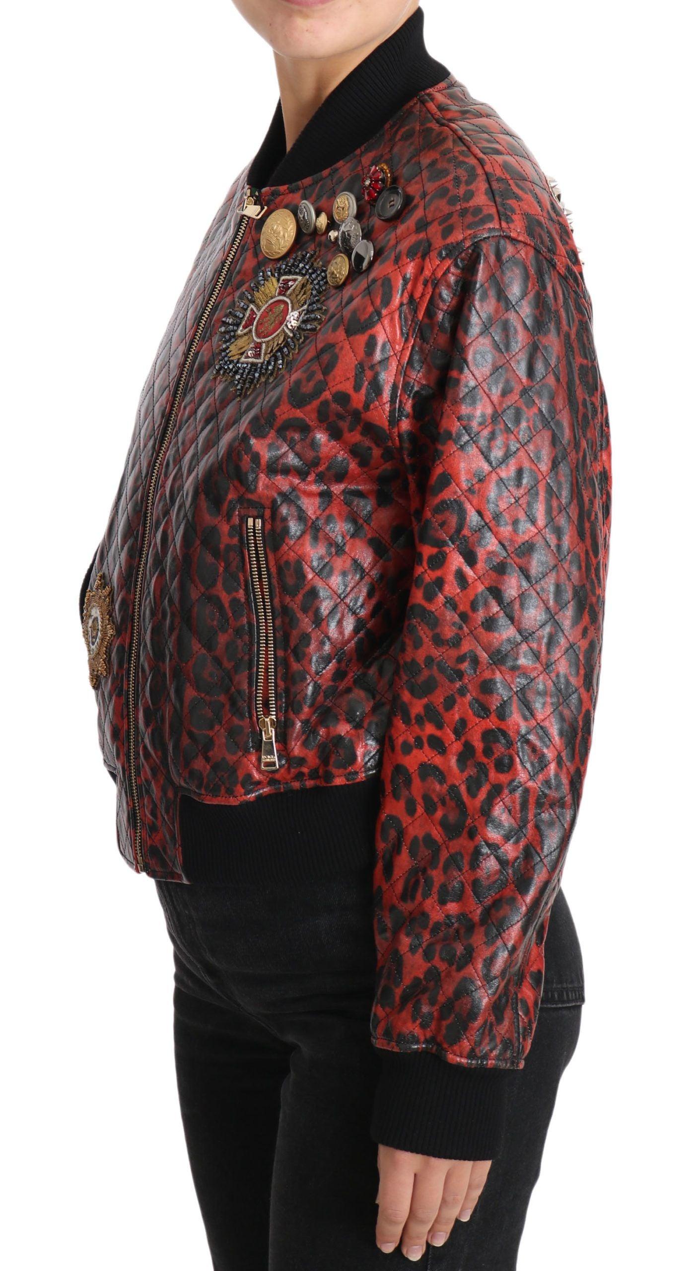 Dolce & Gabbana Red Leopard Bomber Leather Jacket - Arichezz.store