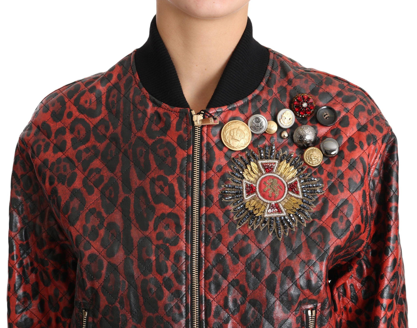 Dolce & Gabbana Red Leopard Bomber Leather Jacket - Arichezz.store