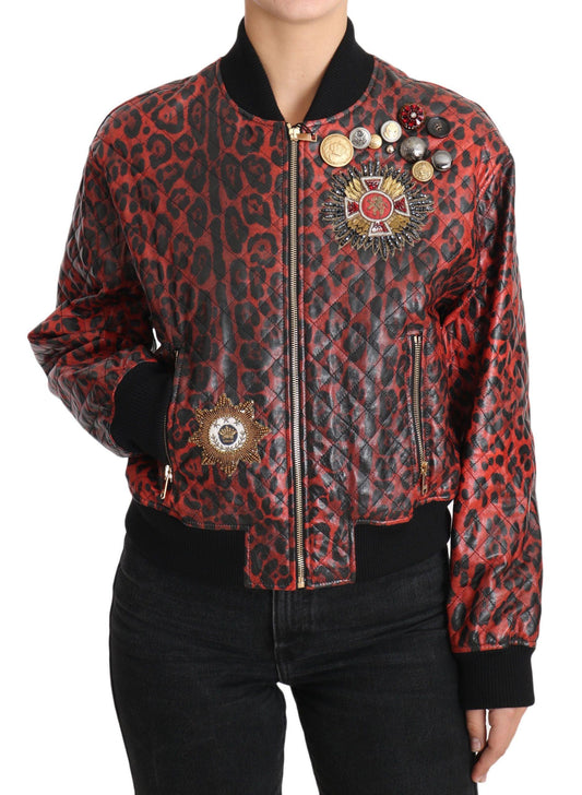 Dolce & Gabbana Red Leopard Bomber Leather Jacket - Arichezz.store