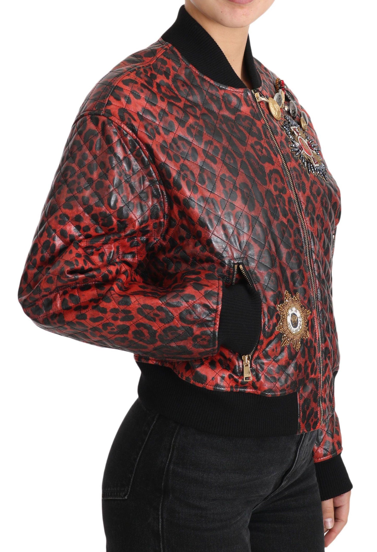 Dolce & Gabbana Red Leopard Bomber Leather Jacket - Arichezz.store