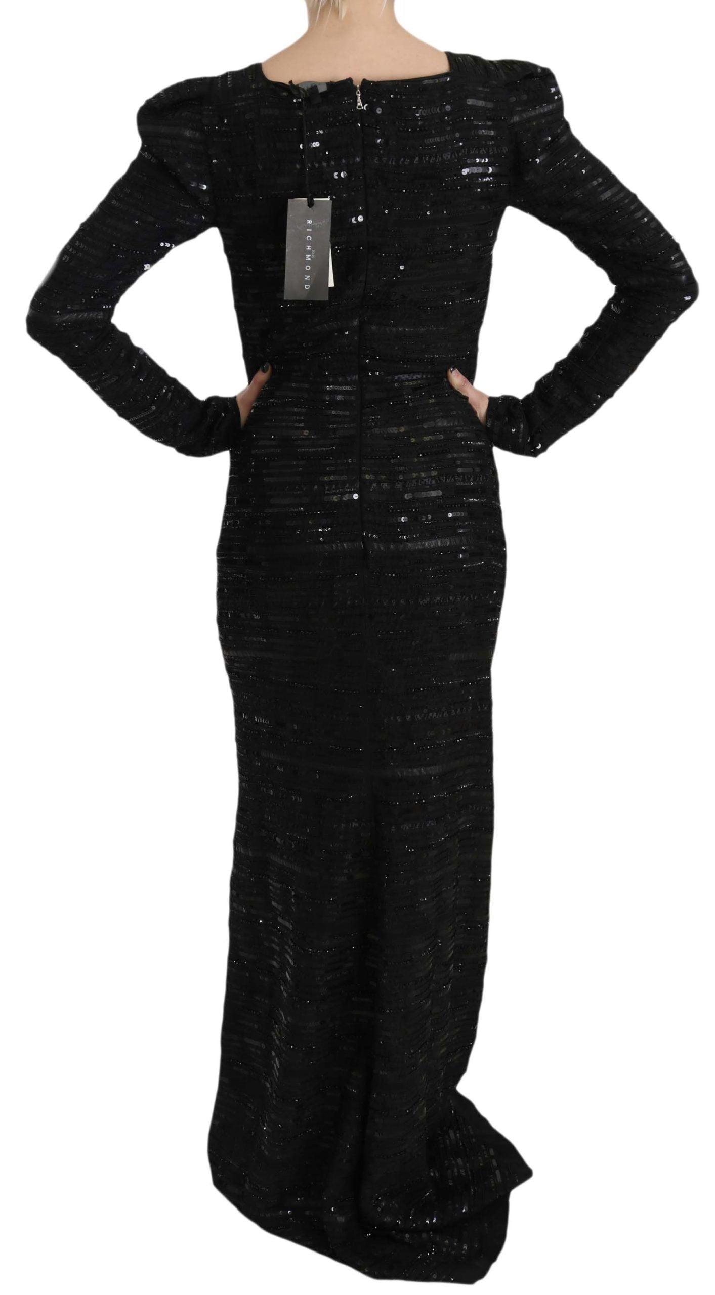 John Richmond Black Silk Sheath Maxi Dress with Sequins - Arichezz.store