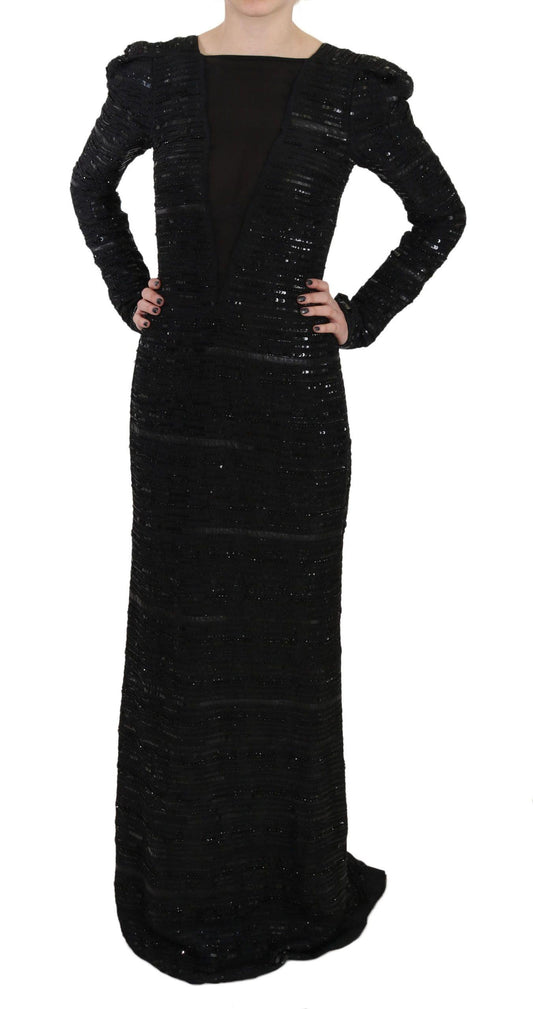 John Richmond Black Silk Sheath Maxi Dress with Sequins - Arichezz.store