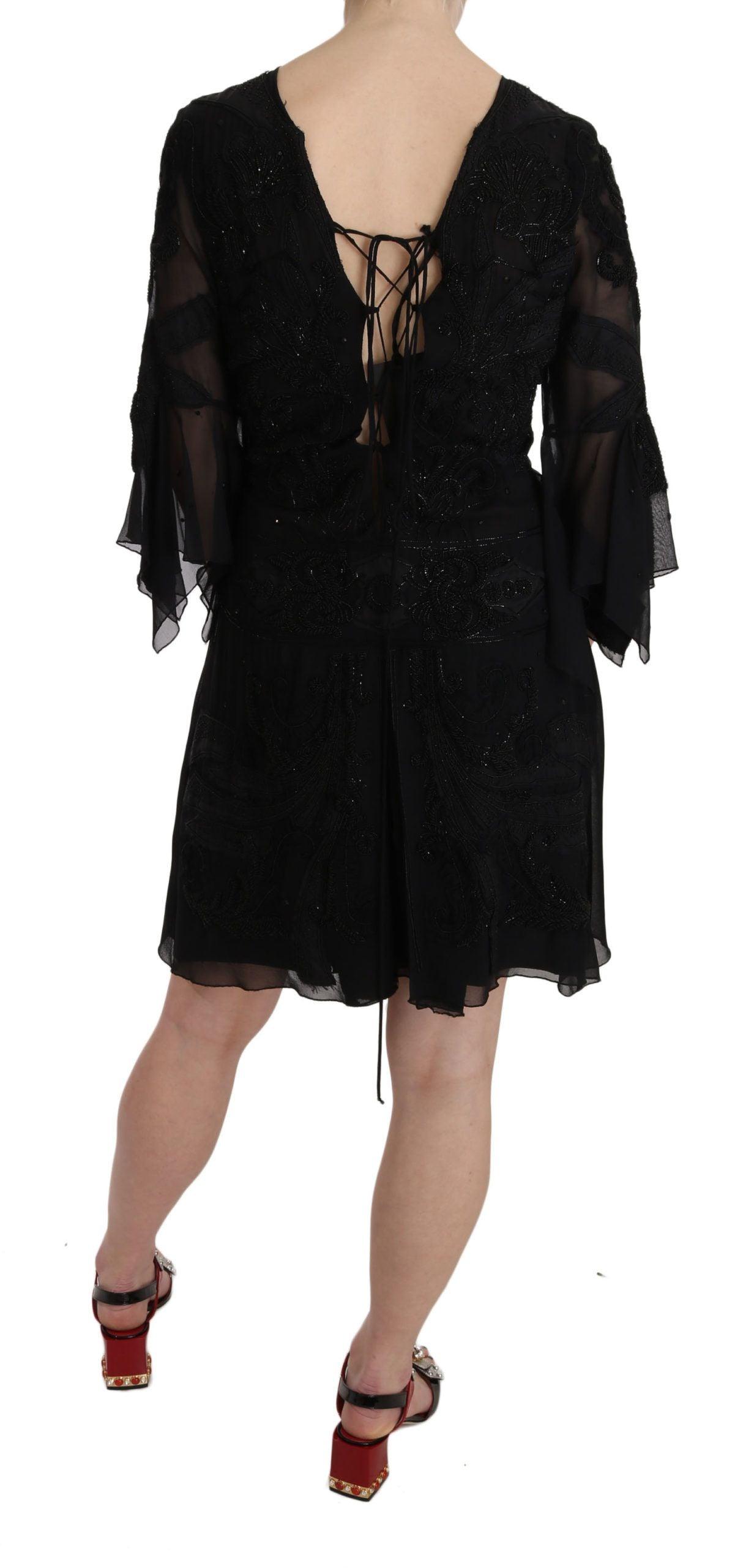 John Richmond Elegant Black Sequined Silk Mini Dress - Arichezz.store