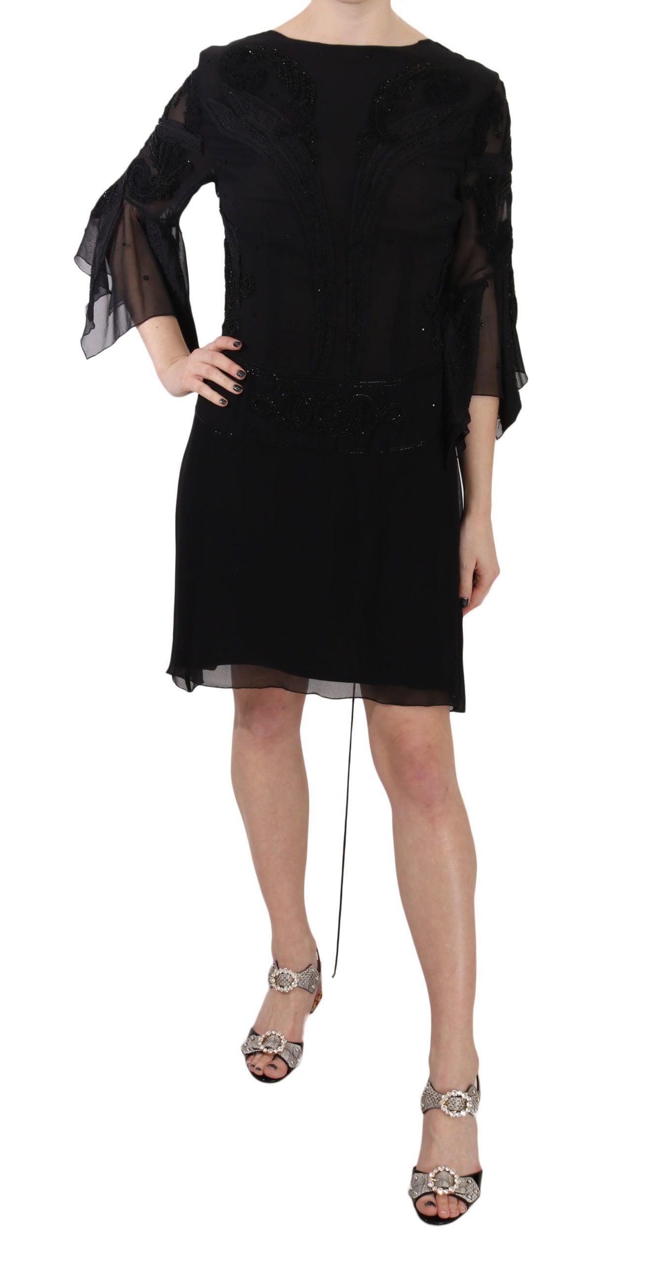 John Richmond Elegant Black Sequined Silk Mini Dress - Arichezz.store