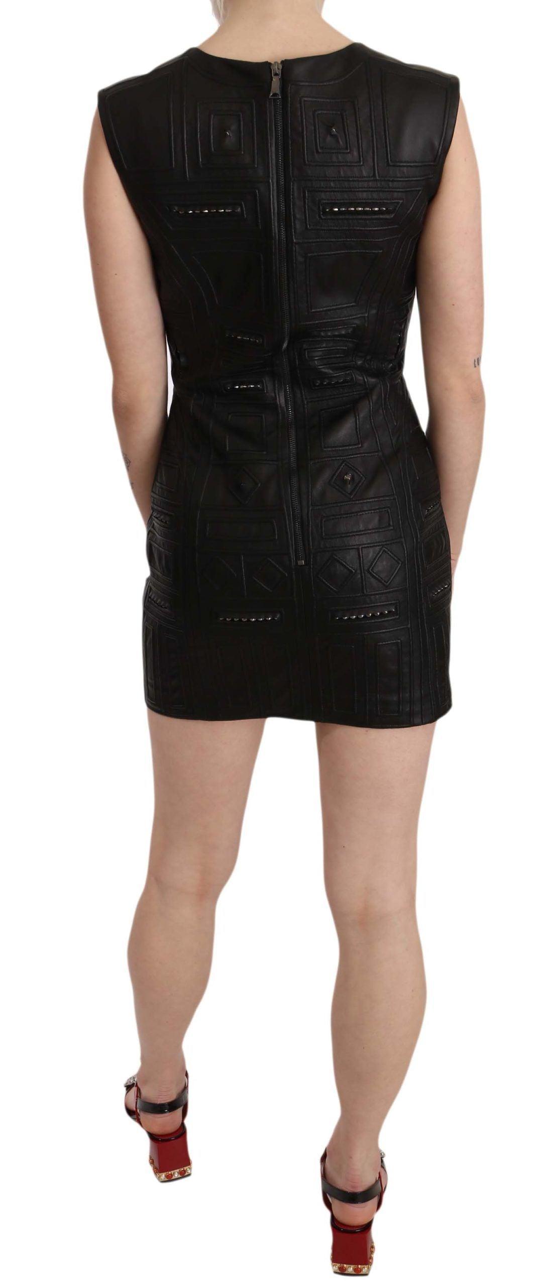 John Richmond Studded Black Leather Mini Dress - Arichezz.store