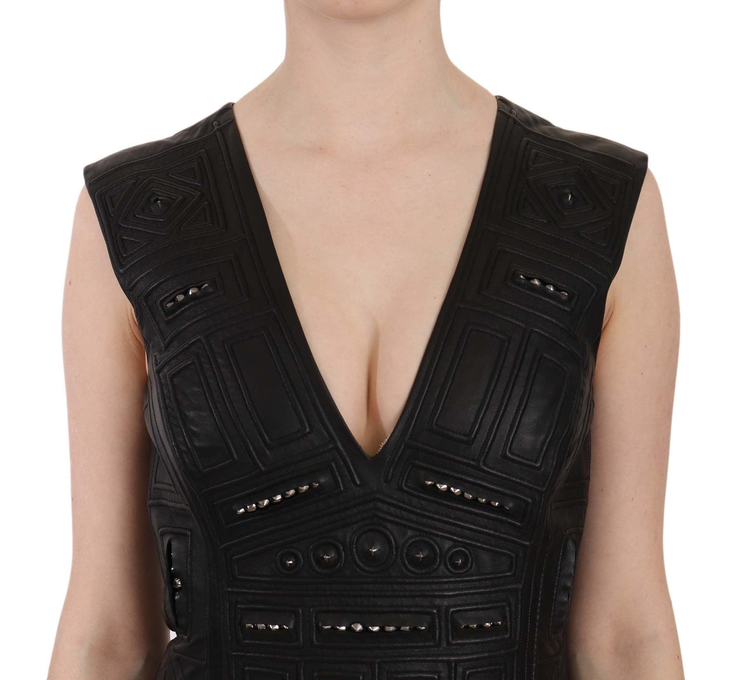 John Richmond Studded Black Leather Mini Dress - Arichezz.store