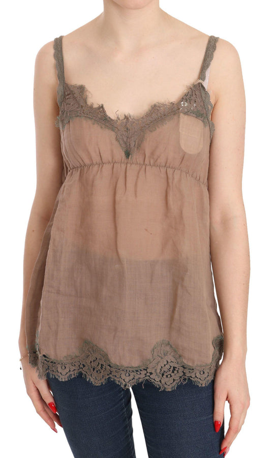 PINK MEMORIES Elegant Lace Brown Linen Blouse - Arichezz.store