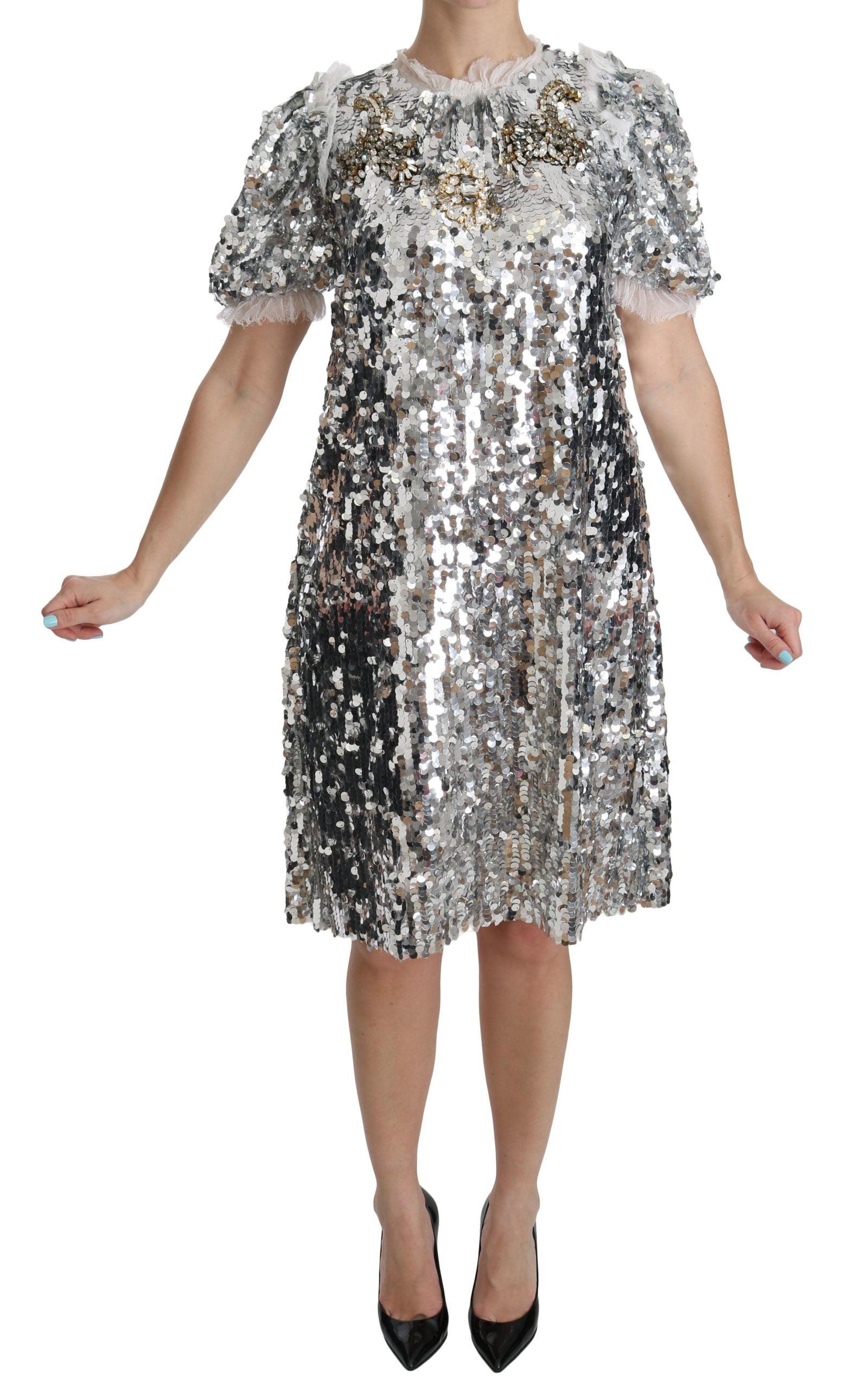 Dolce & Gabbana Elegant Silver A-Line Dress with Crystal Accents - Arichezz.store