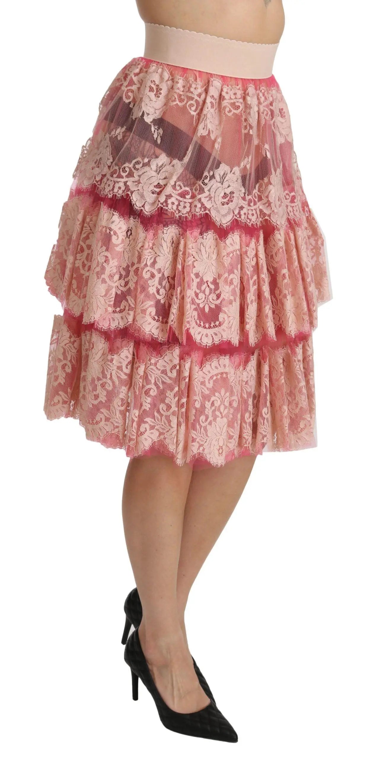 Dolce & Gabbana Elegant Pink Lace High-Waist Skirt - Arichezz.store