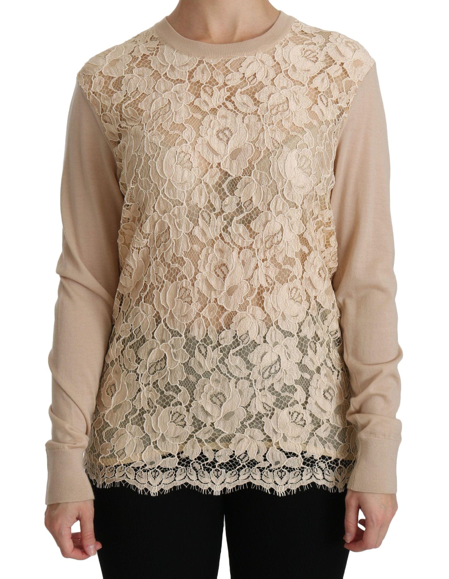 Dolce & Gabbana Elegant Beige Lace Crew Neck Cashmere Blouse - Arichezz.store