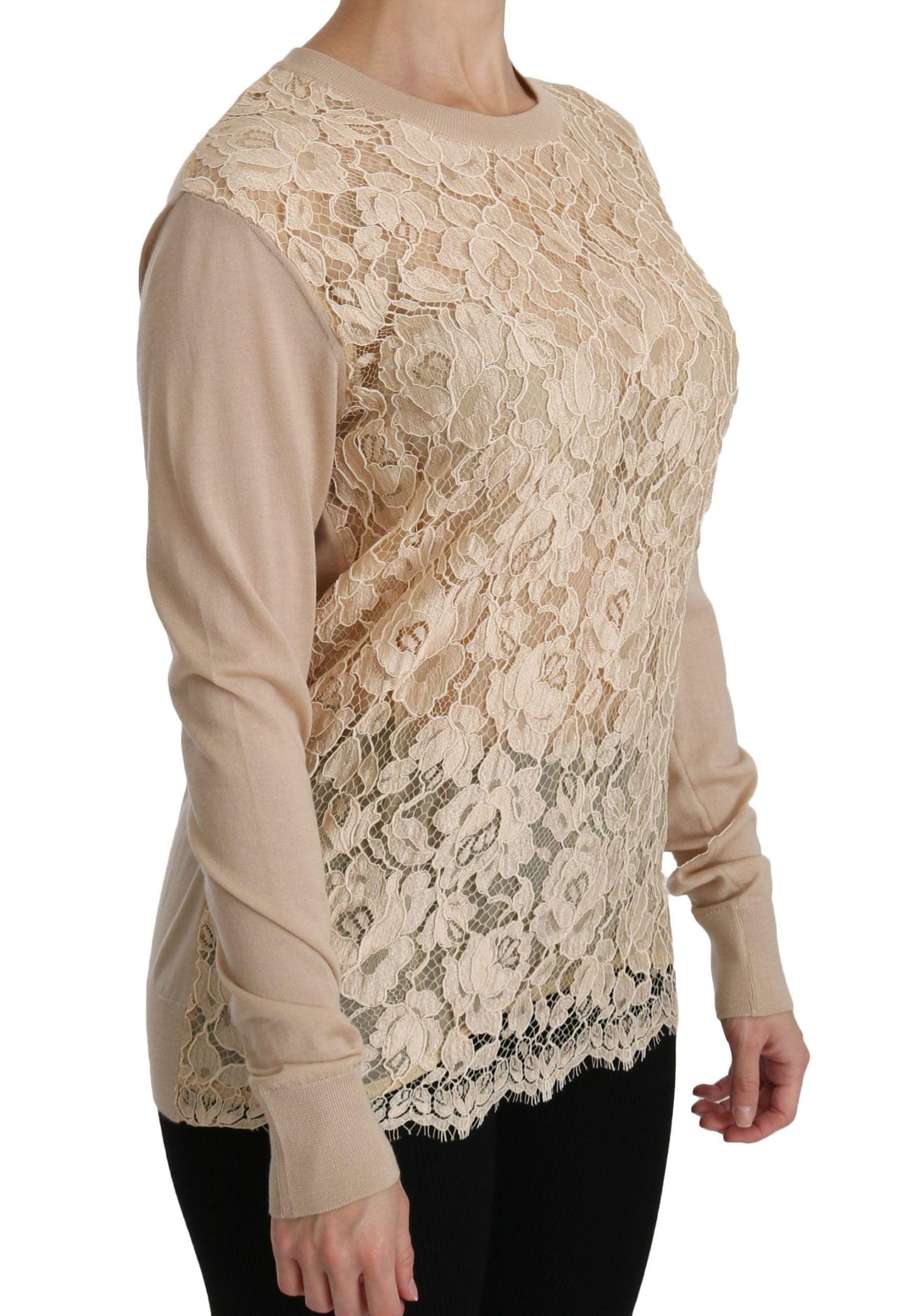 Dolce & Gabbana Elegant Beige Lace Crew Neck Cashmere Blouse - Arichezz.store