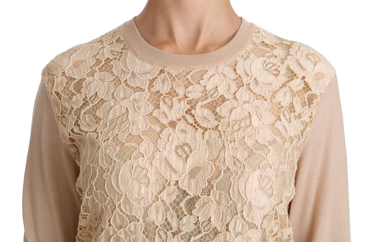 Dolce & Gabbana Elegant Beige Lace Crew Neck Cashmere Blouse - Arichezz.store