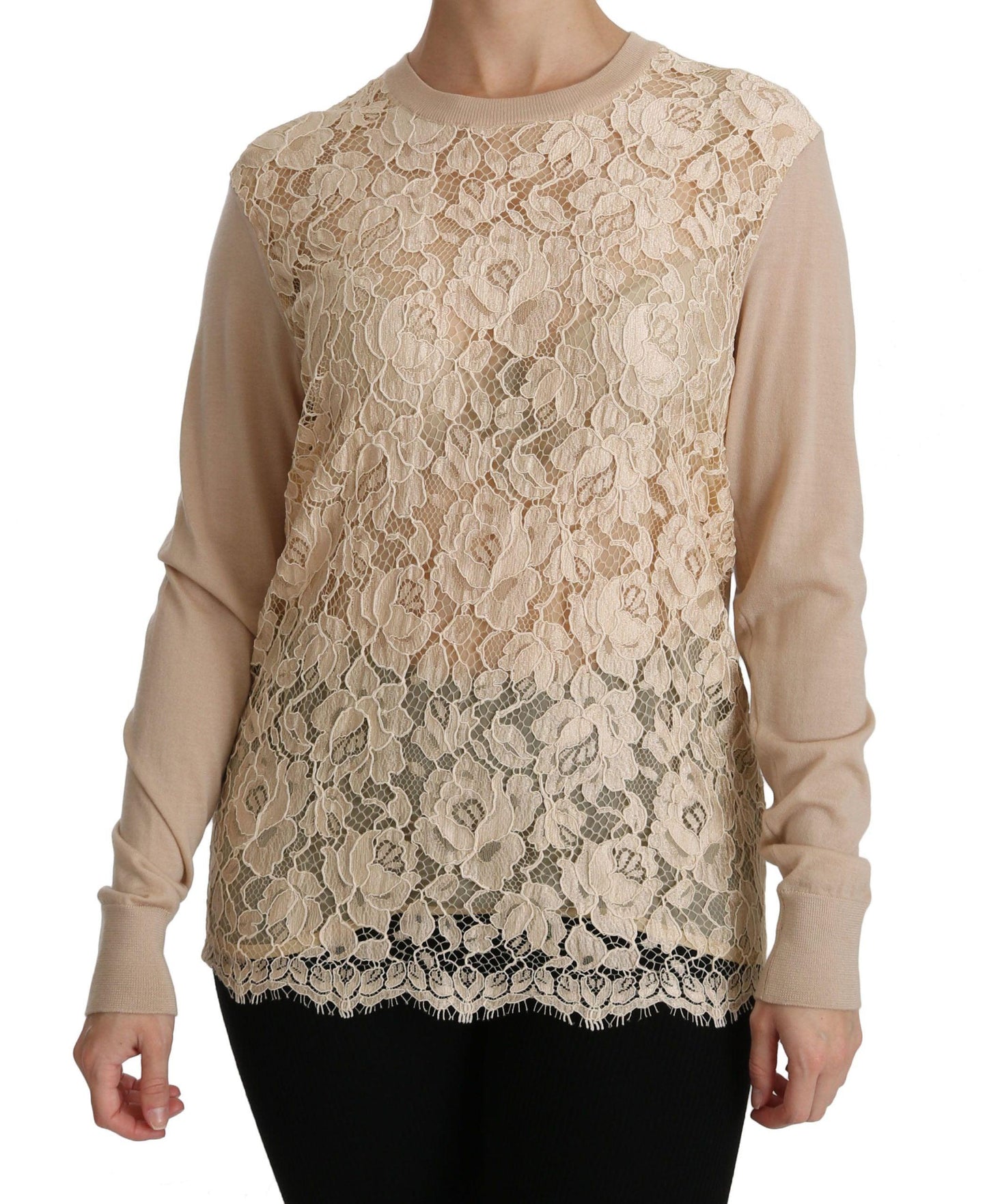 Dolce & Gabbana Elegant Beige Lace Crew Neck Cashmere Blouse - Arichezz.store