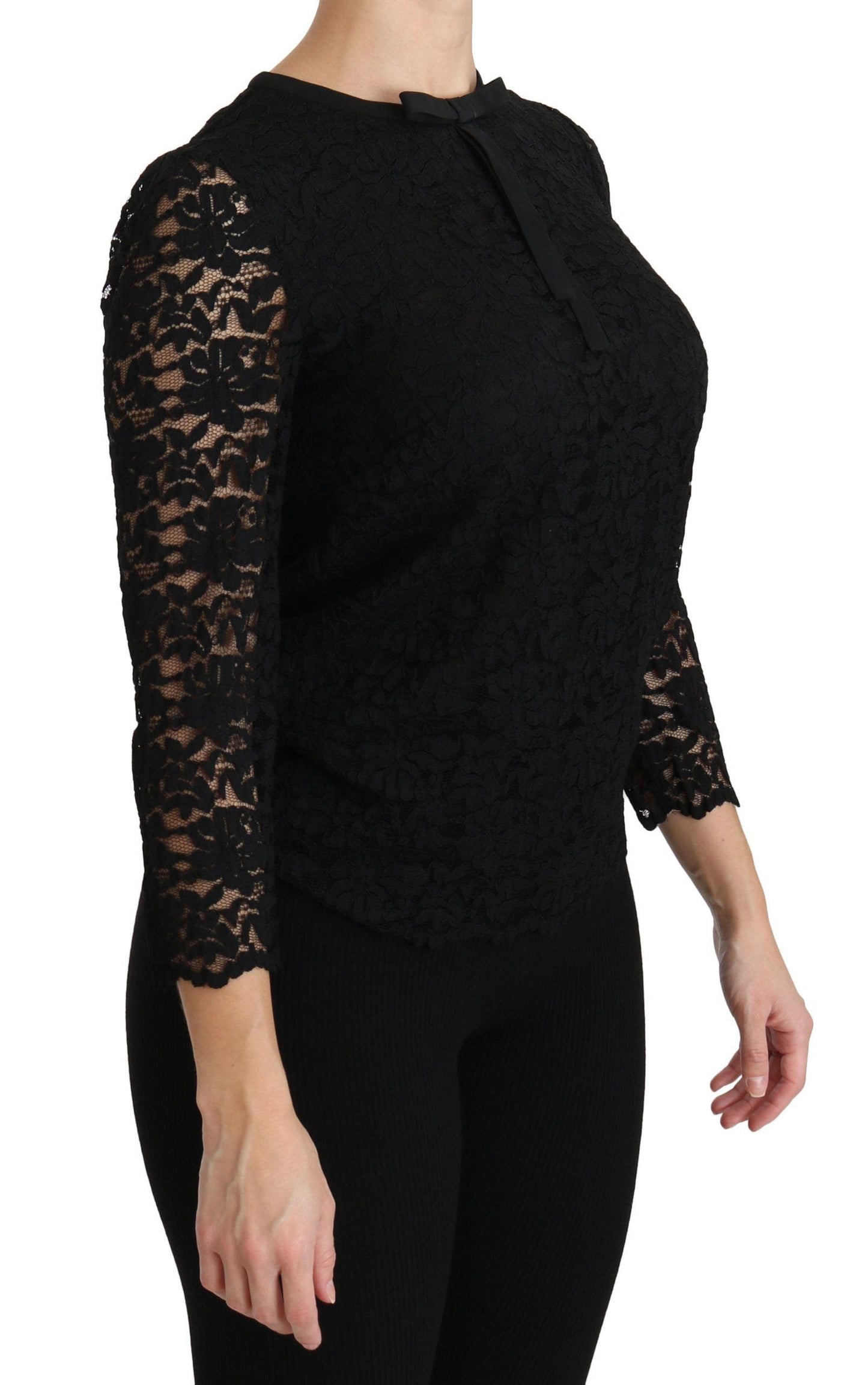 Dolce & Gabbana Elegant Black Lace Crew Neck Blouse - Arichezz.store