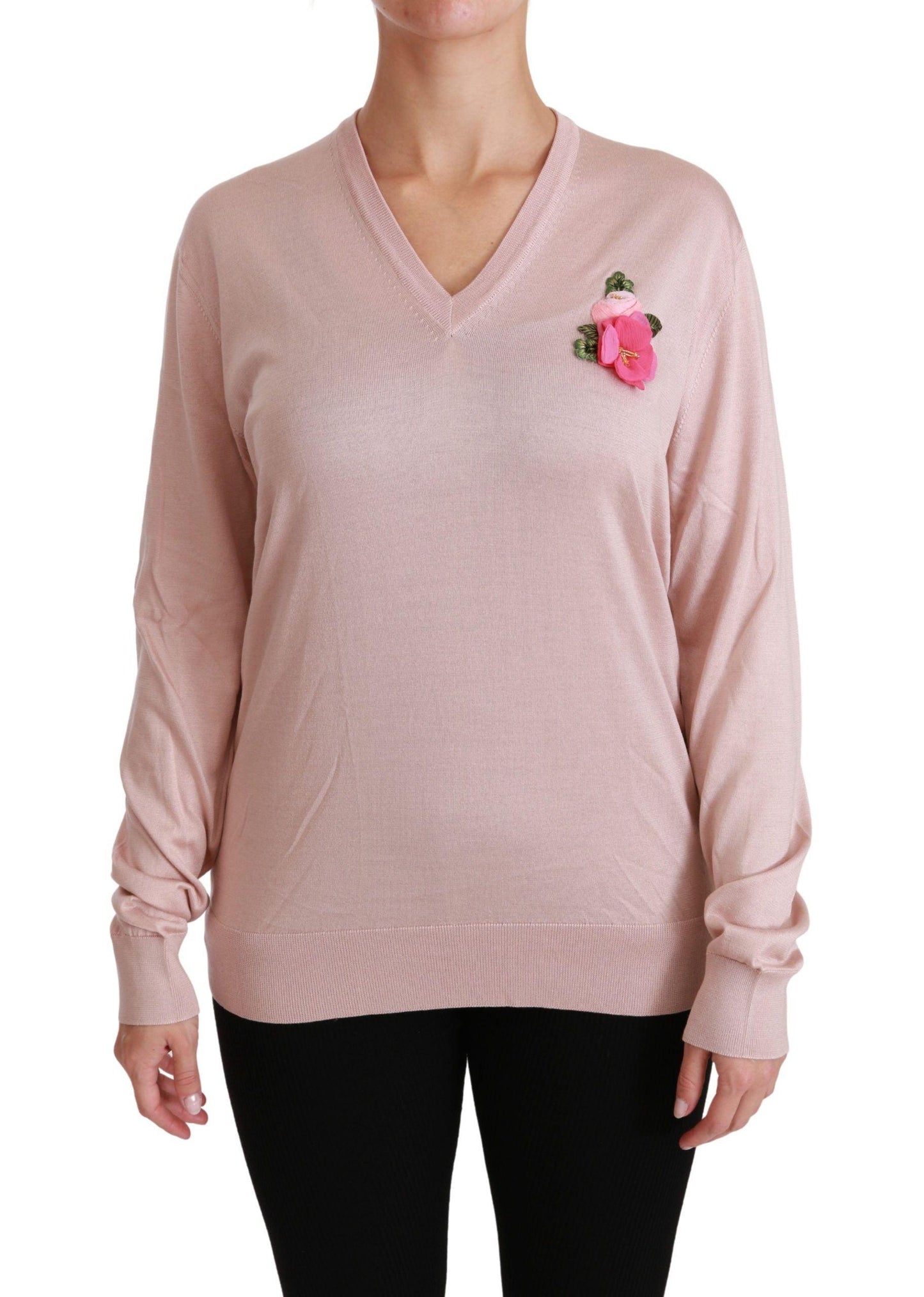 Dolce & Gabbana Pink Floral Silk V-Neck Sweater - Arichezz.store