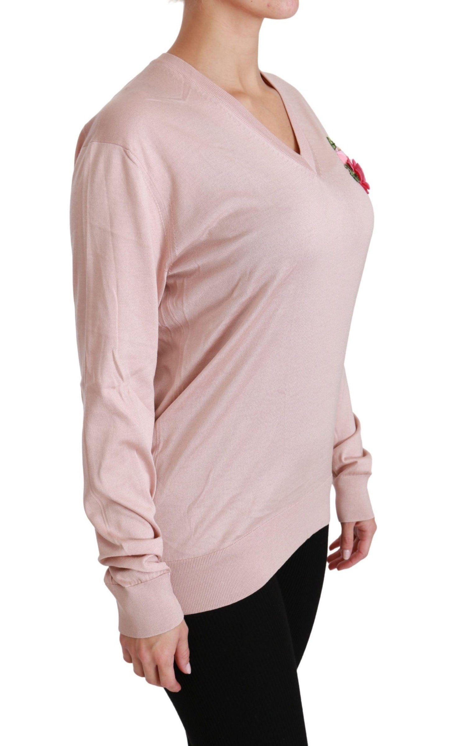 Dolce & Gabbana Pink Floral Silk V-Neck Sweater - Arichezz.store