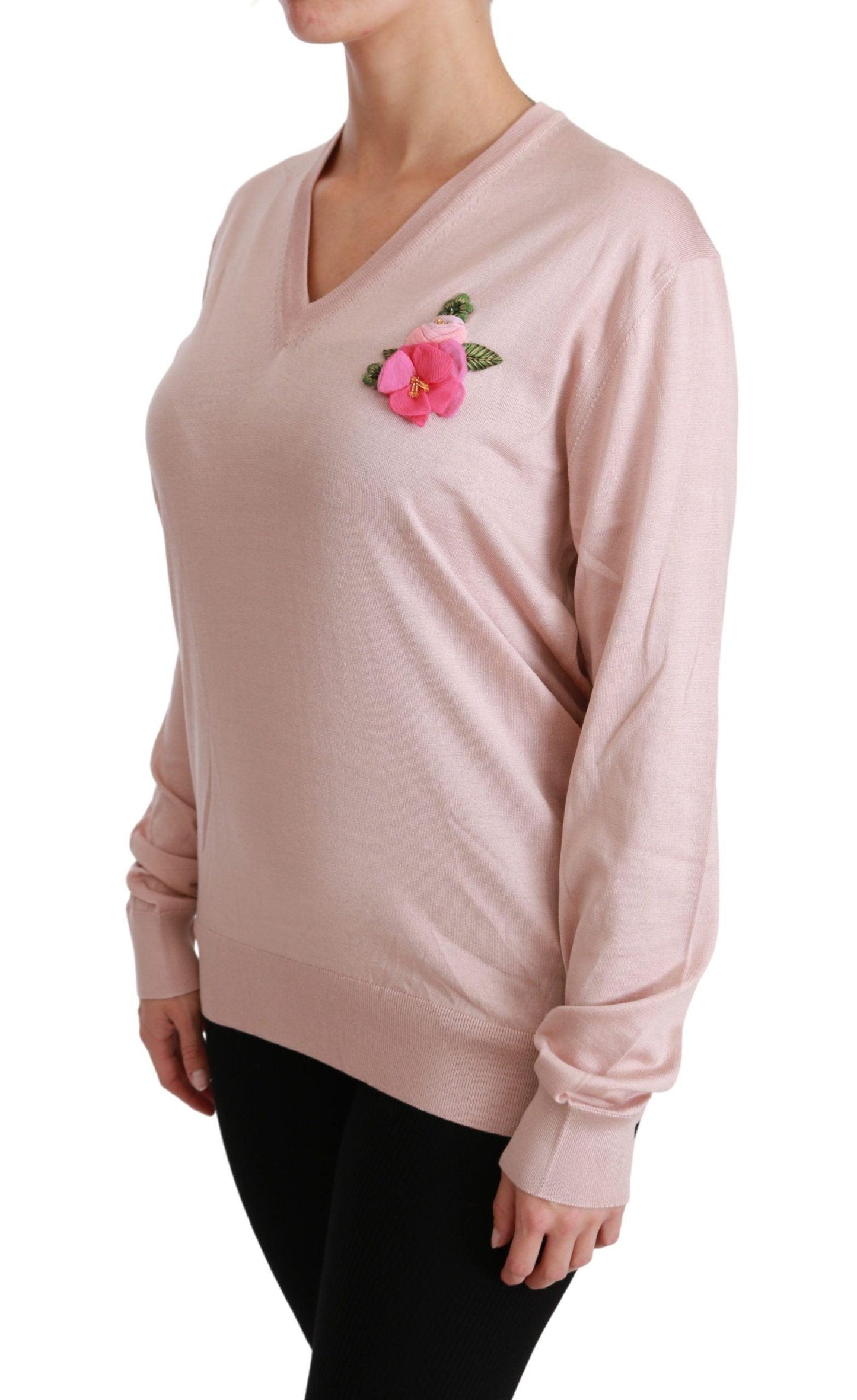 Dolce & Gabbana Pink Floral Silk V-Neck Sweater - Arichezz.store