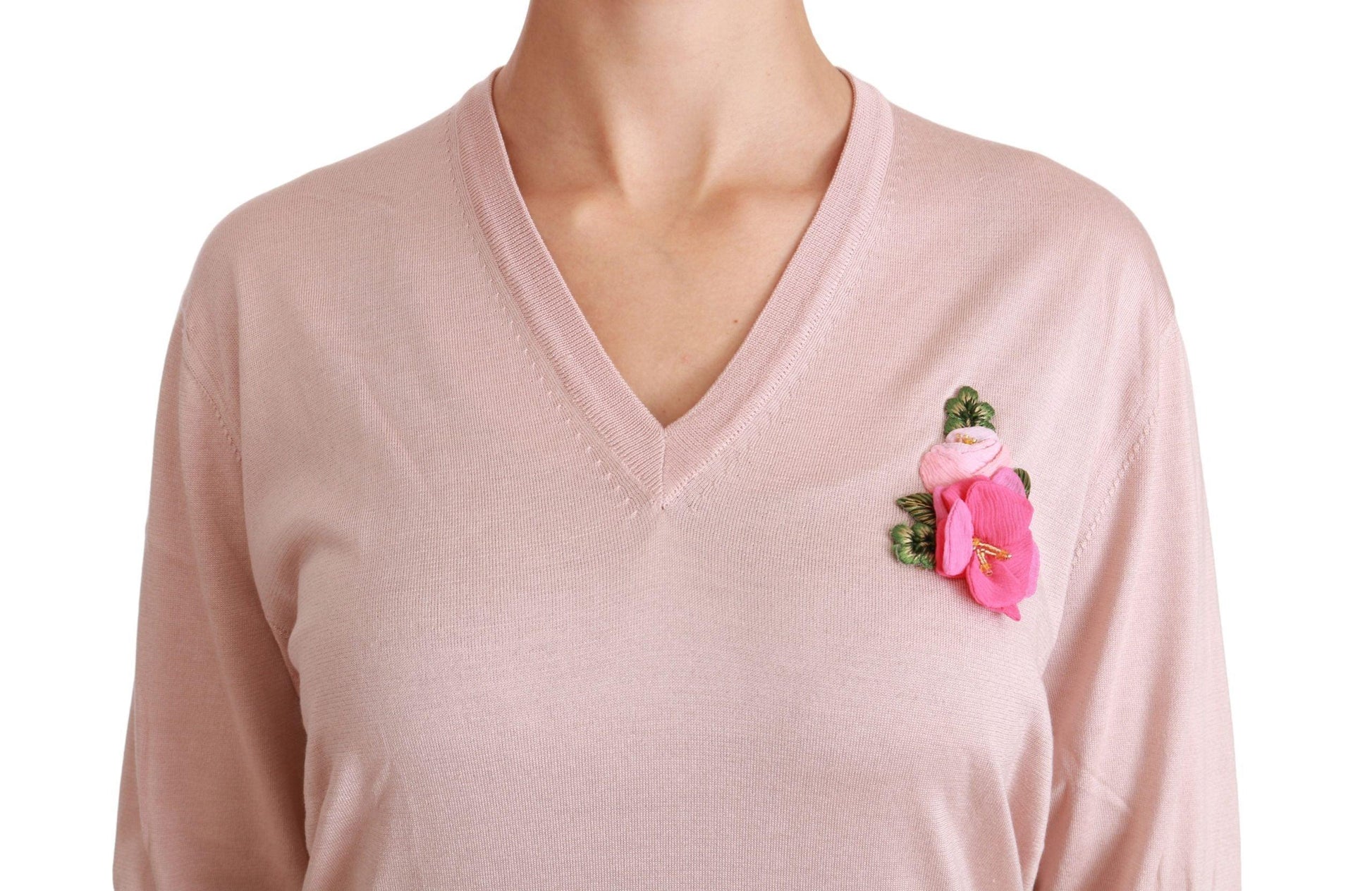 Dolce & Gabbana Pink Floral Silk V-Neck Sweater - Arichezz.store