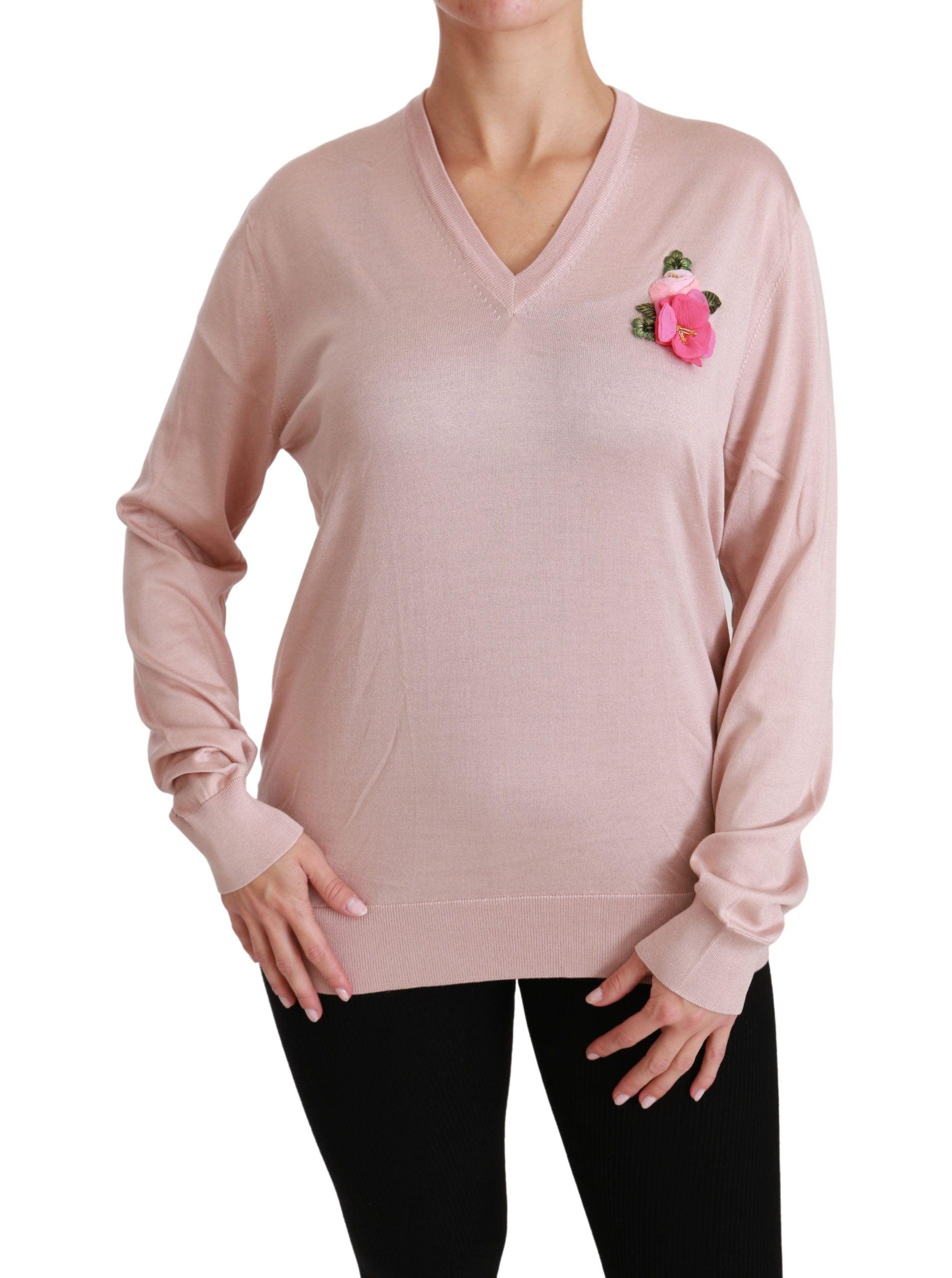 Dolce & Gabbana Pink Floral Silk V-Neck Sweater - Arichezz.store