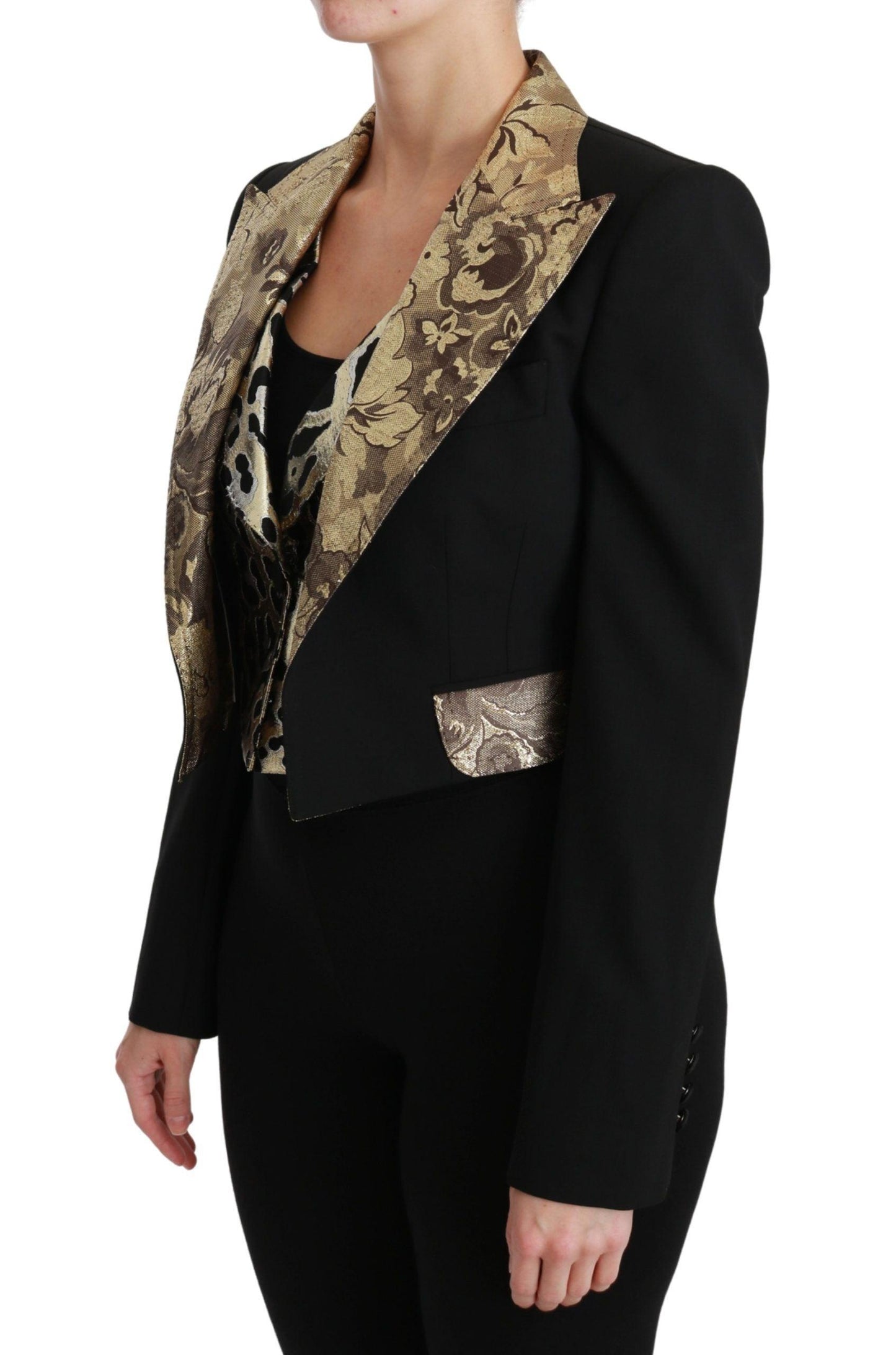 Dolce & Gabbana Opulent Black Gold Floral Jacket & Vest Set - Arichezz.store