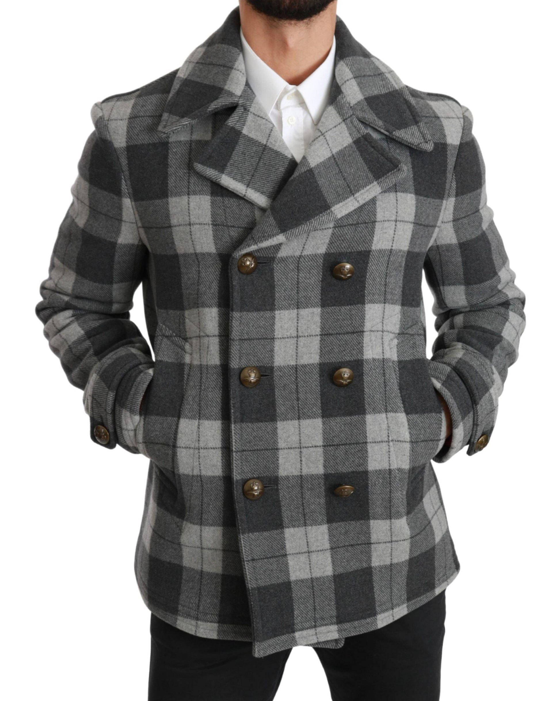 Dolce & Gabbana Elegant Gray Check Double Breasted Coat - Arichezz.store