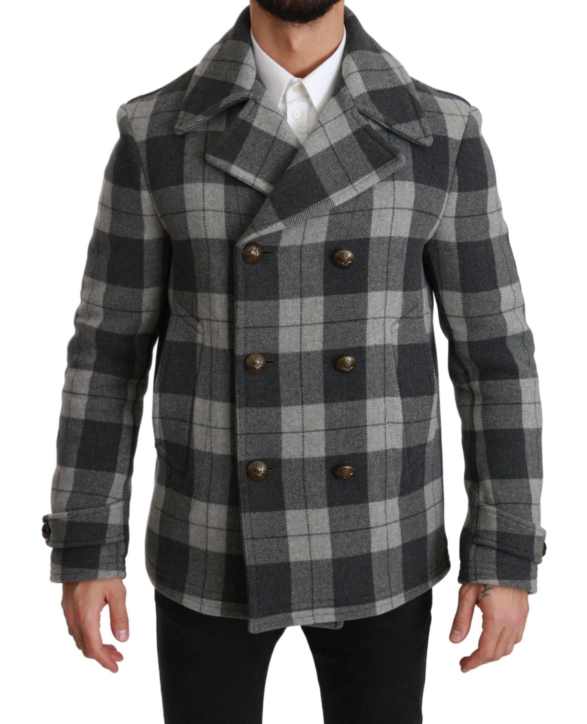 Dolce & Gabbana Elegant Gray Check Double Breasted Coat - Arichezz.store