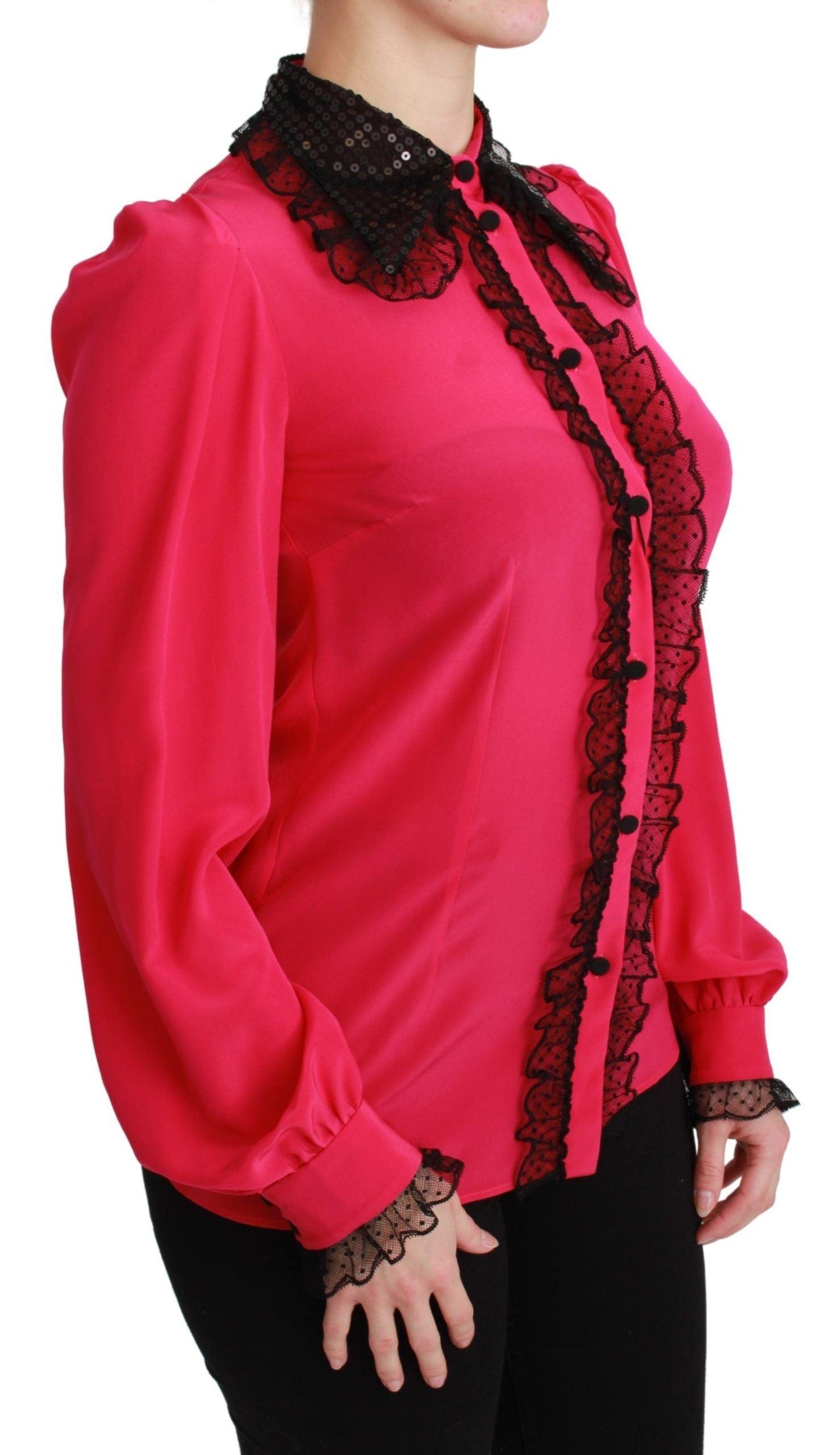 Dolce & Gabbana Silk Blend Lace Detail Blouse in Pink - Arichezz.store