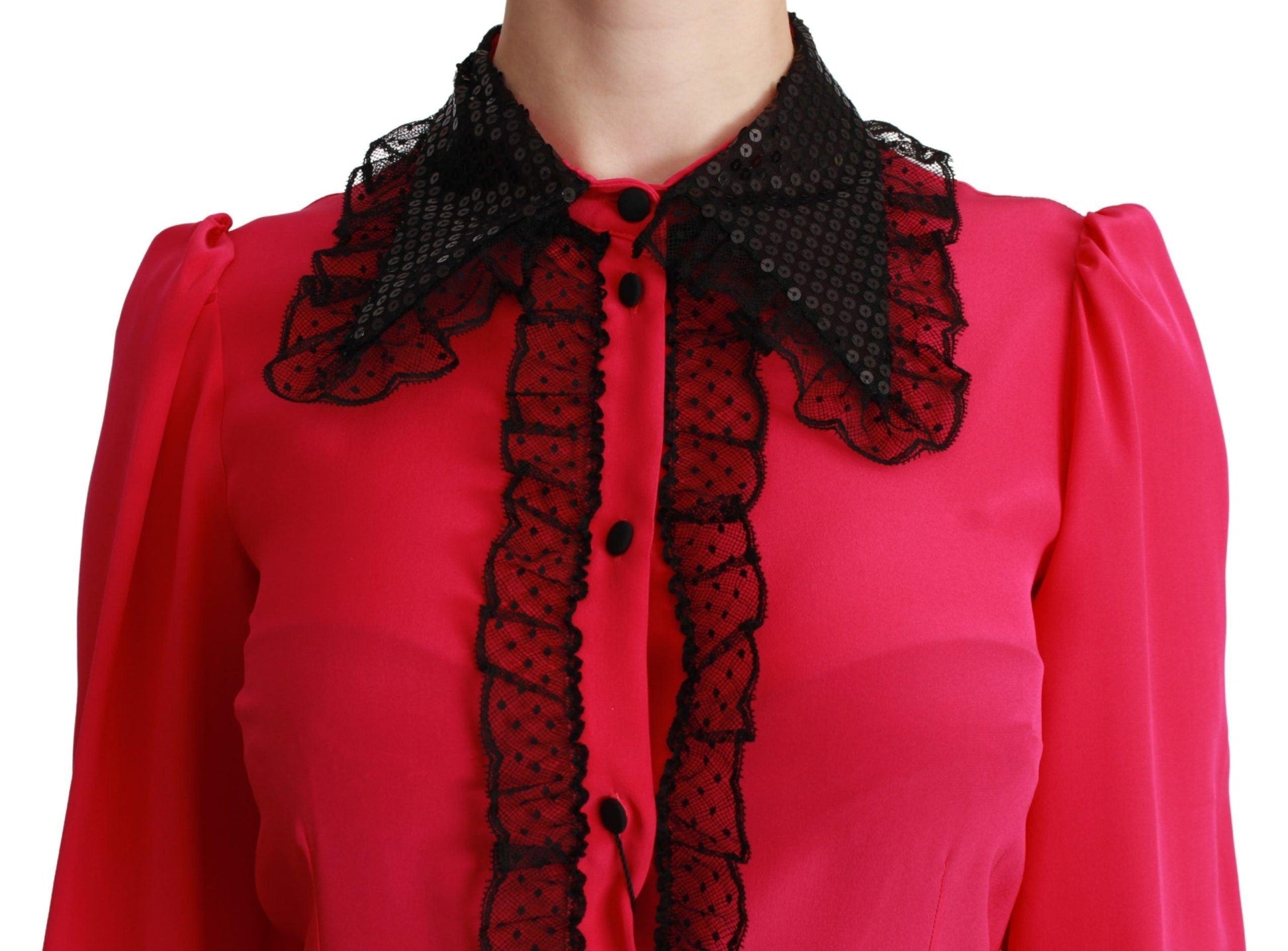 Dolce & Gabbana Silk Blend Lace Detail Blouse in Pink - Arichezz.store