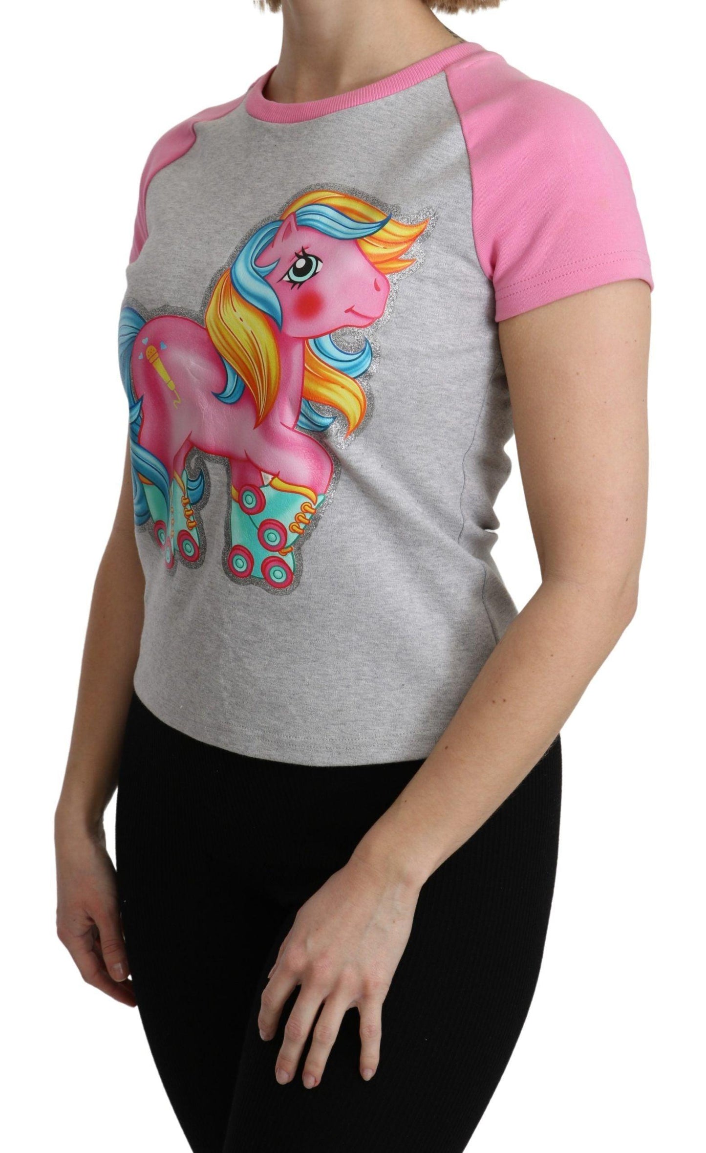 Moschino Chic Gray Crew Neck Cotton T-shirt with Pink Accents - Arichezz.store