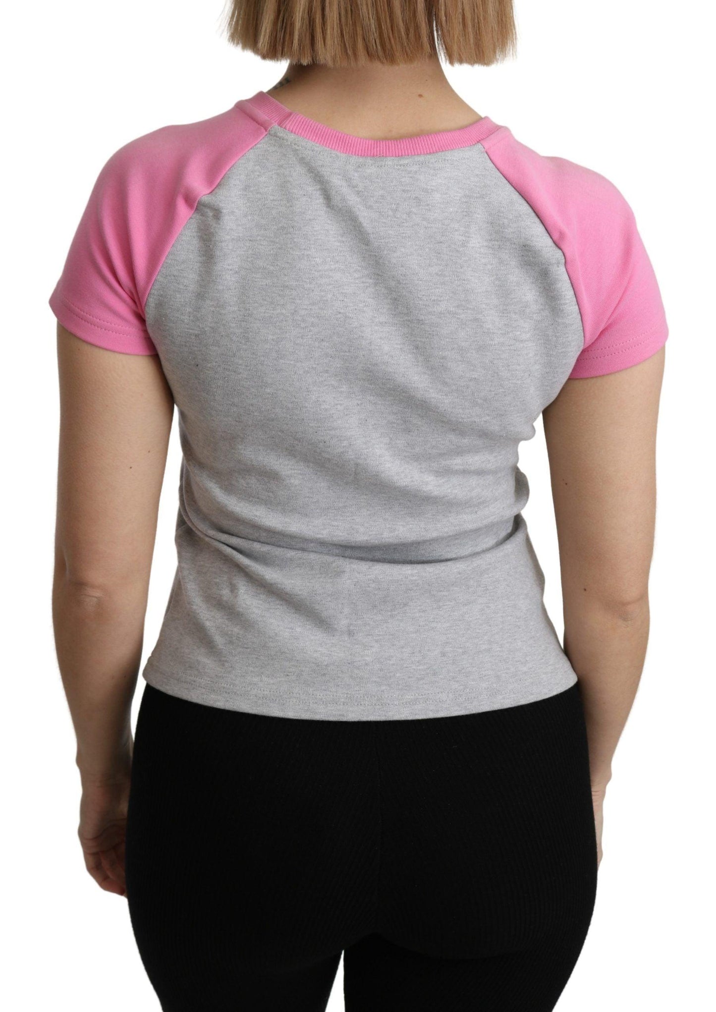 Moschino Chic Gray Crew Neck Cotton T-shirt with Pink Accents - Arichezz.store