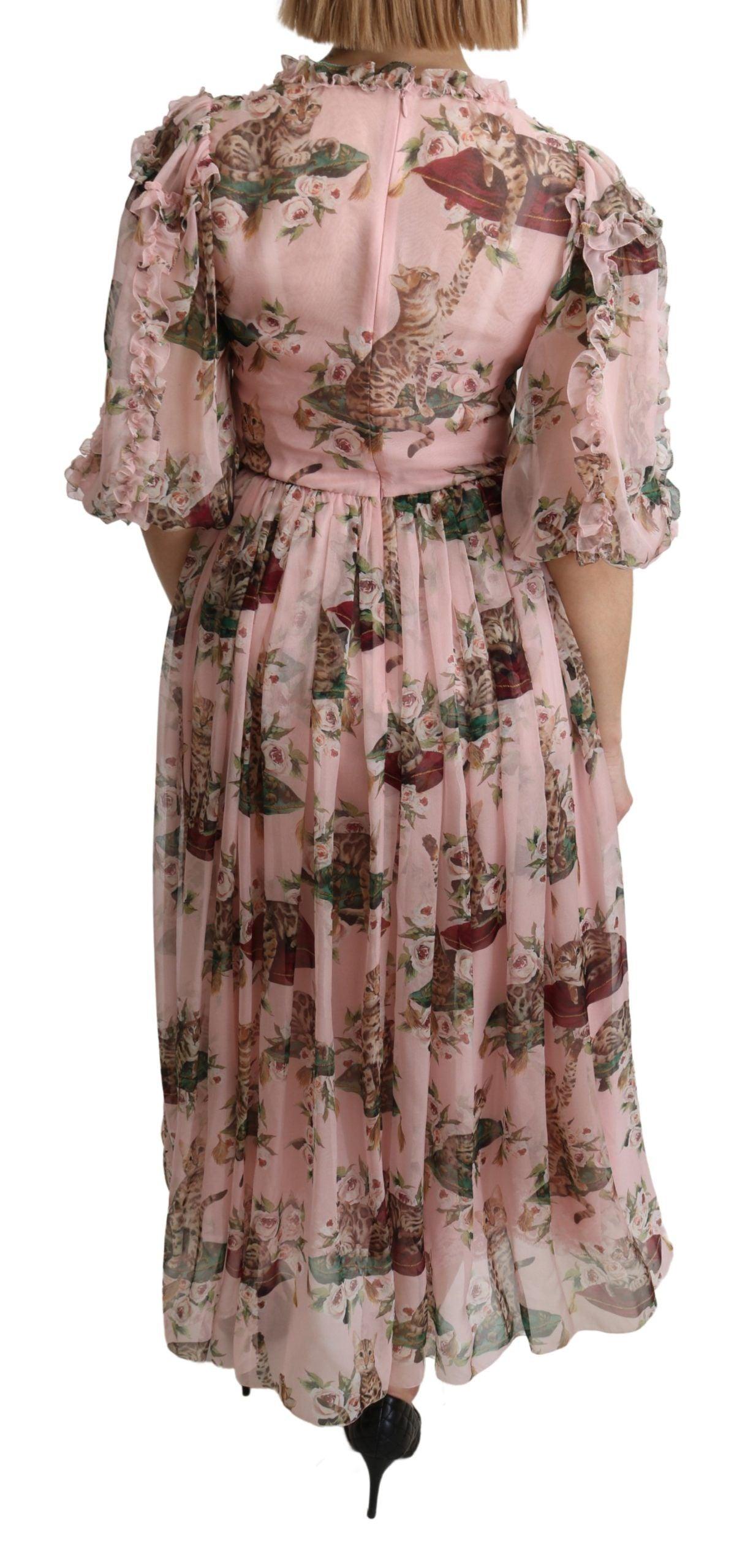 Dolce & Gabbana Elegant Pink Bengal Cat Print A-Line Maxi Dress - Arichezz.store