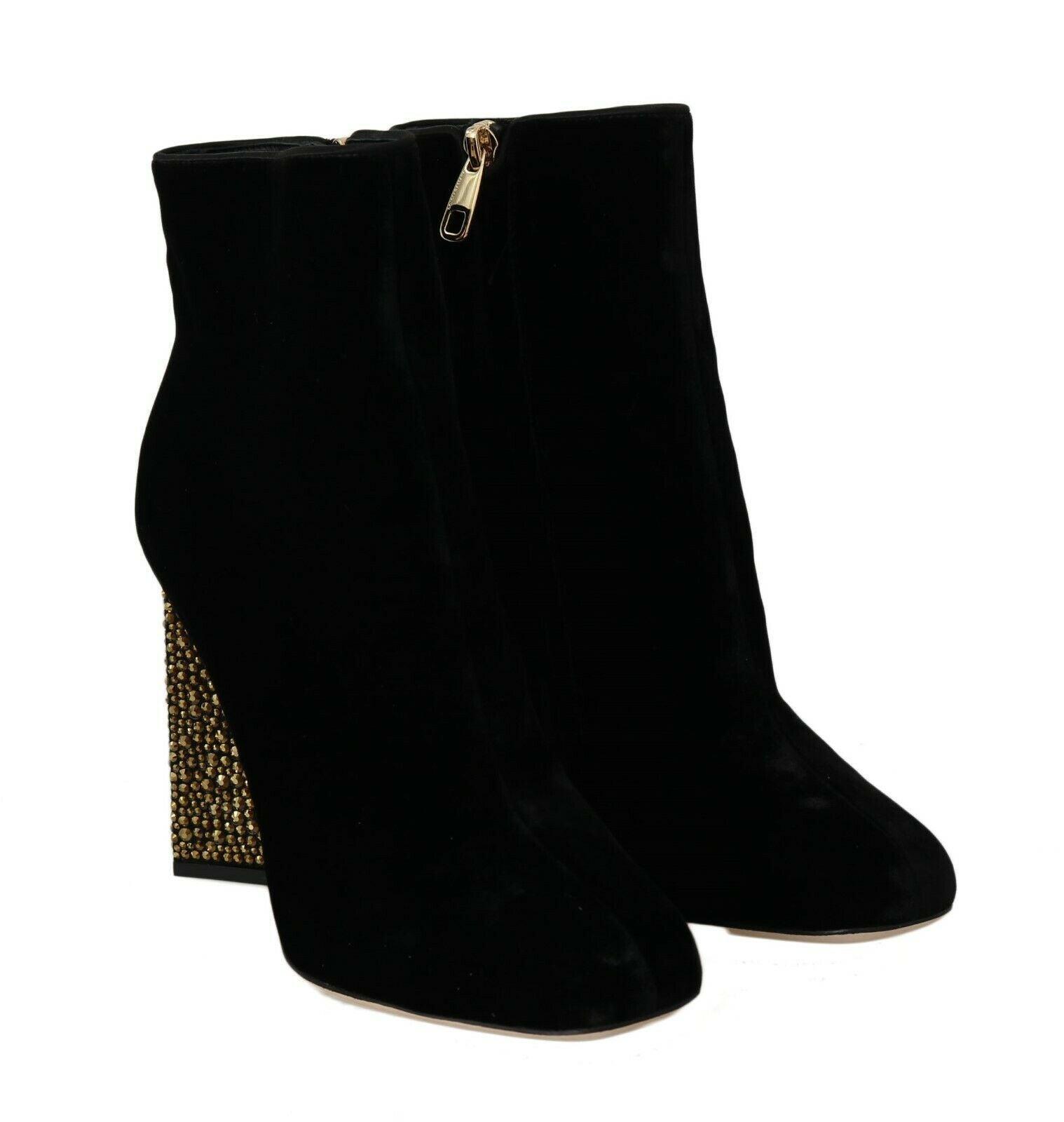 Dolce & Gabbana Elegant Velvet Ankle Boots with Crystal Heels - Arichezz.store