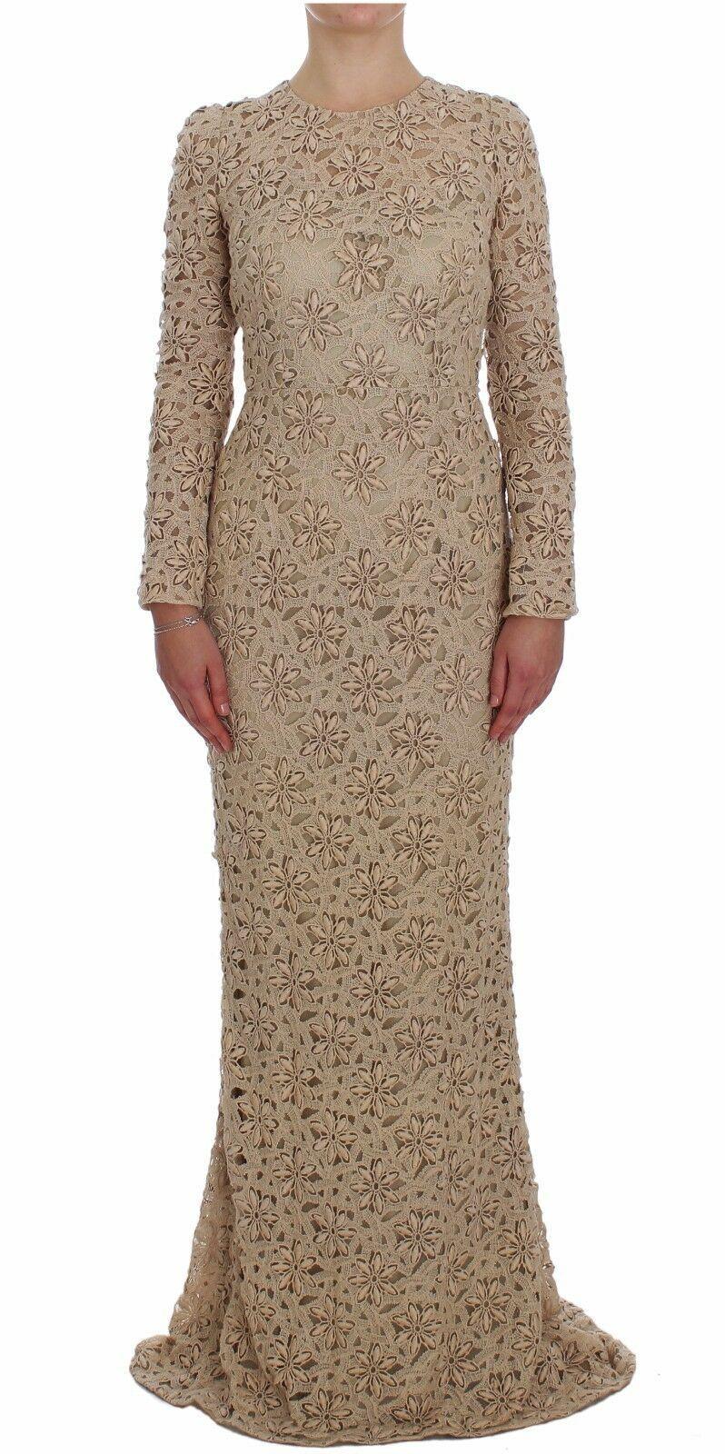 Dolce & Gabbana Beige Floral Lace Long Sleeve Maxi Dress - Arichezz.store