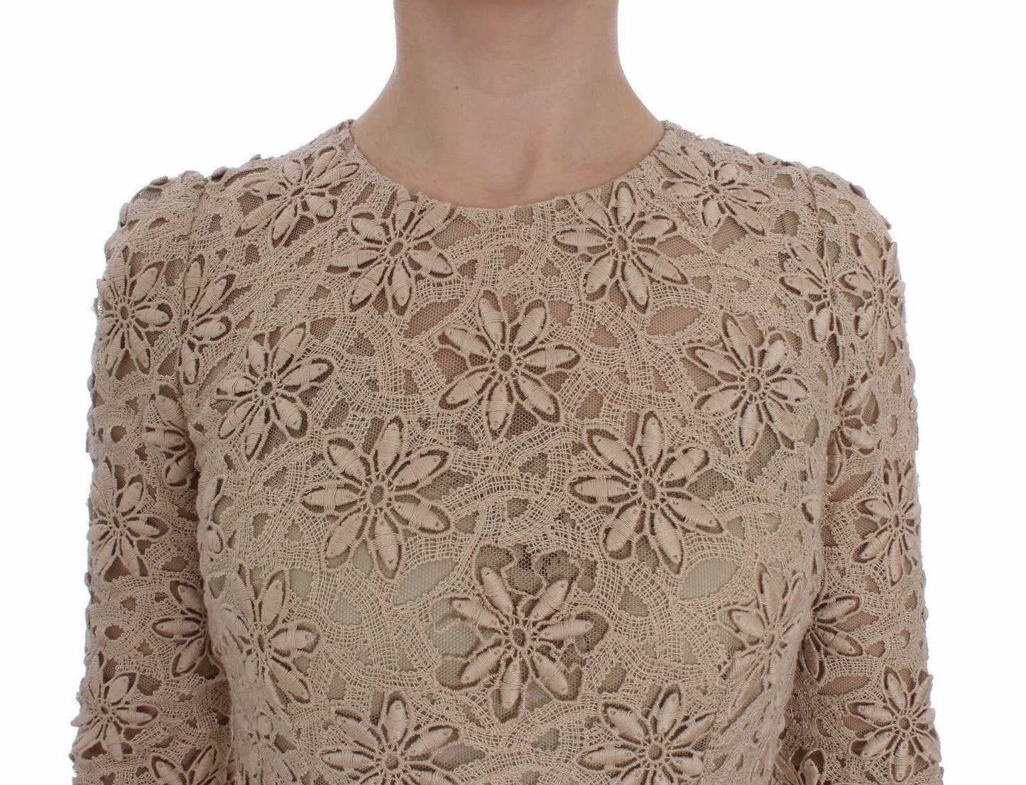 Dolce & Gabbana Beige Floral Lace Long Sleeve Maxi Dress - Arichezz.store