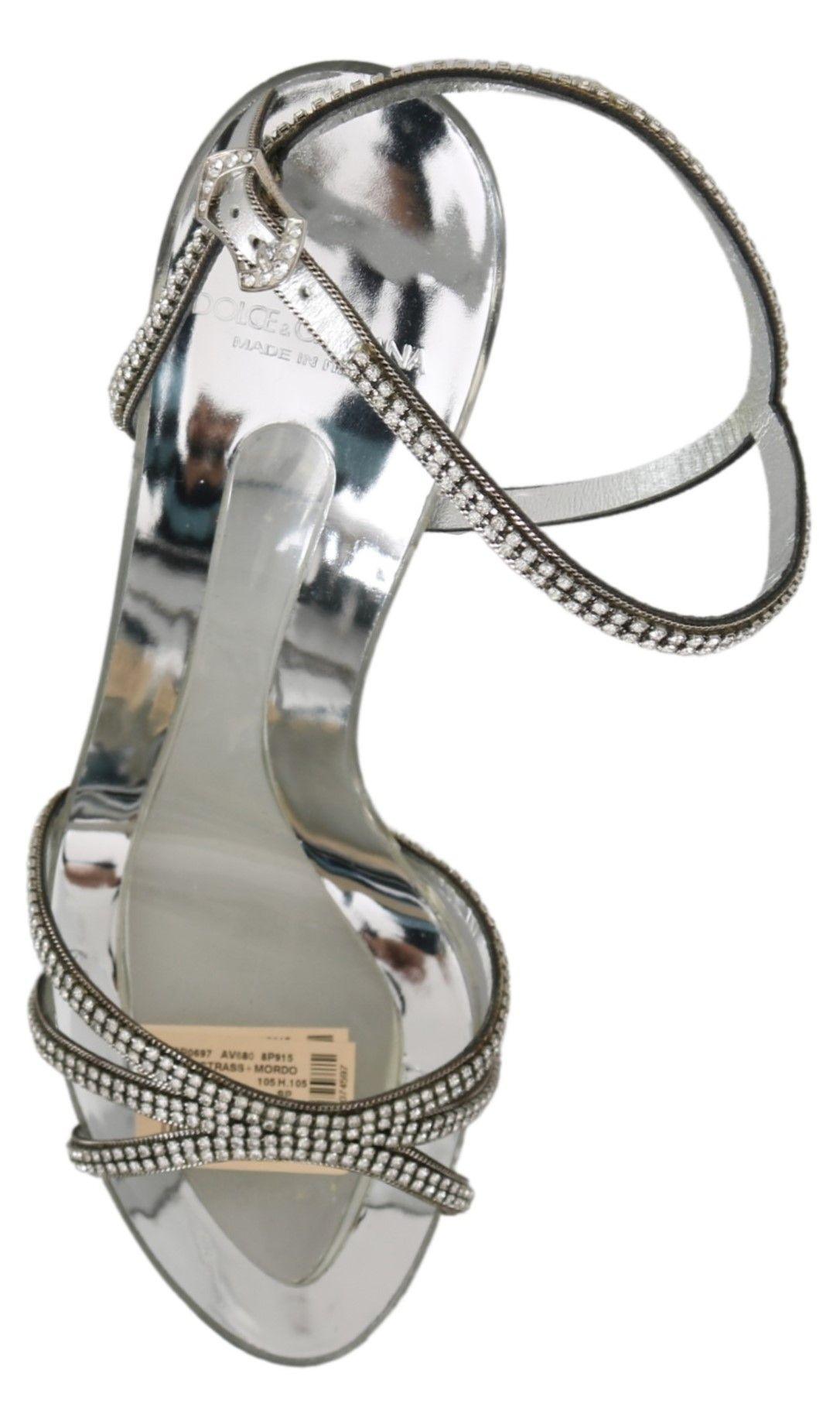 Dolce & Gabbana Silver Leather Ankle Strap Sandals with Crystals - Arichezz.store