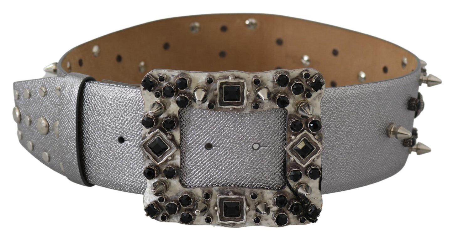 Dolce & Gabbana Stunning Silver Leather Crystal-Studded Belt - Arichezz.store