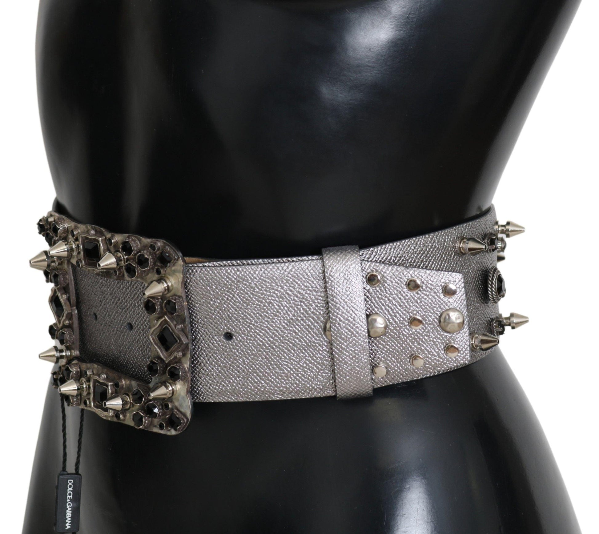 Dolce & Gabbana Stunning Silver Leather Crystal-Studded Belt - Arichezz.store