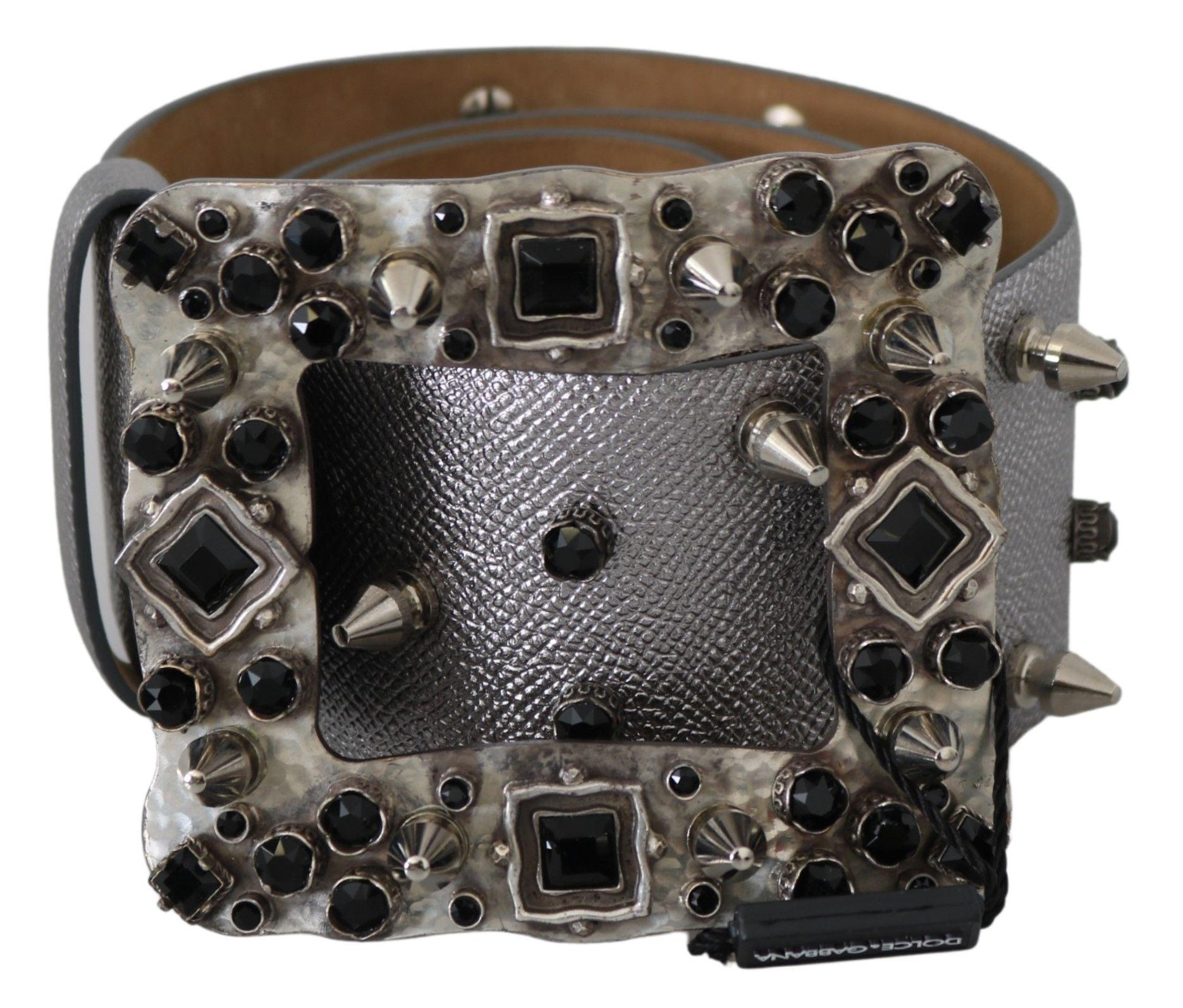 Dolce & Gabbana Stunning Silver Leather Crystal-Studded Belt - Arichezz.store