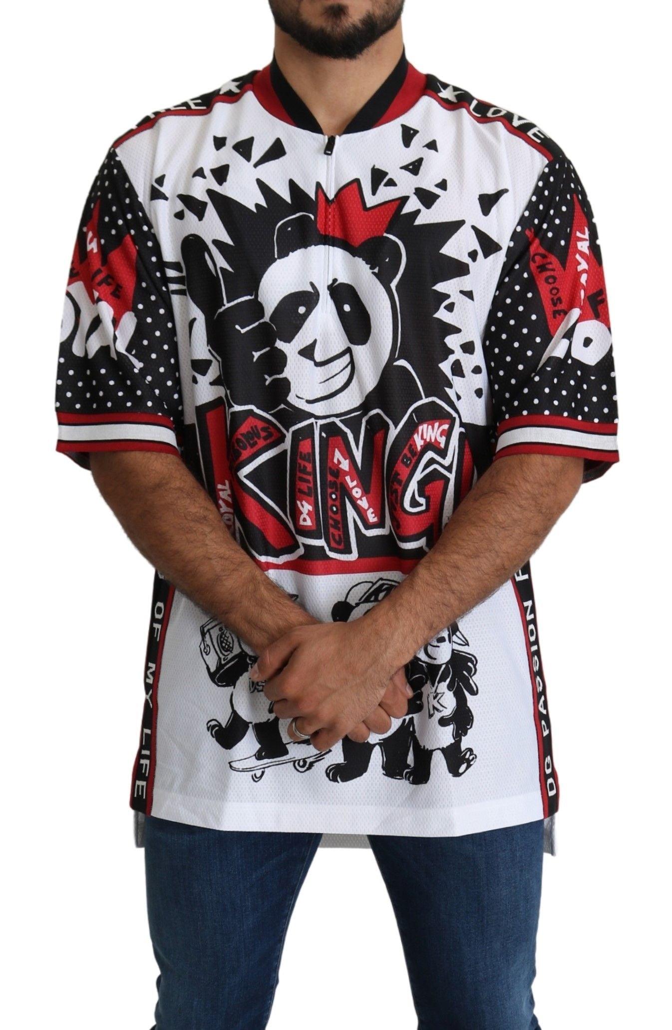 Dolce & Gabbana Chic White King Panda Print Zipper Collar Tee - Arichezz.store