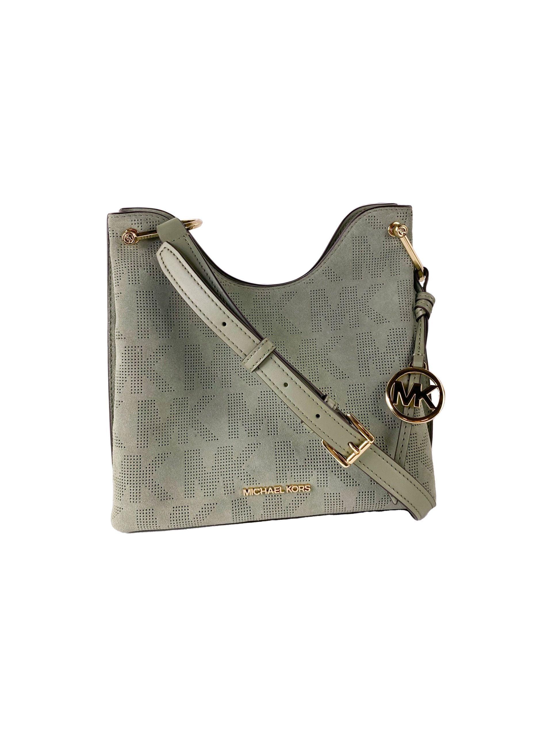 Michael Kors Joan Large Perforated Suede Leather Slouchy Messenger Handbag (Army Green) - Arichezz.store