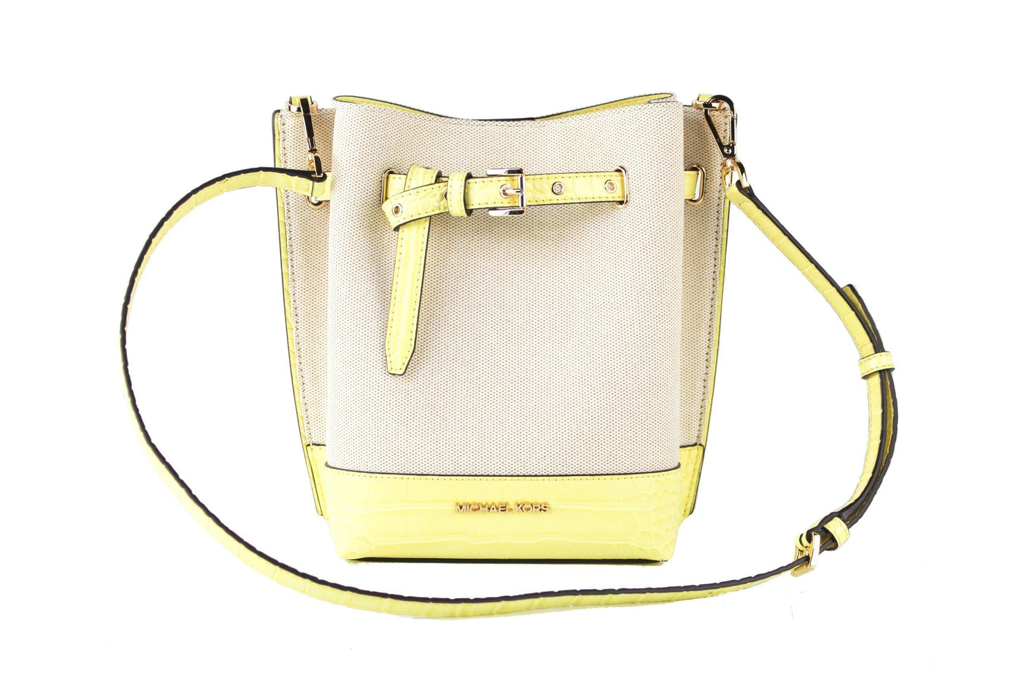 Michael Kors Emilia Small Canvas Snakeskin Print Leather Bucket Bag Messenger Crossbody Handbag (Buttercup) - Arichezz.store