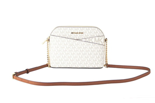 Michael Kors Jet Set Travel Medium Leather X Cross Dome Crossbody Handbag (Vanilla Signature/Gold) - Arichezz.store