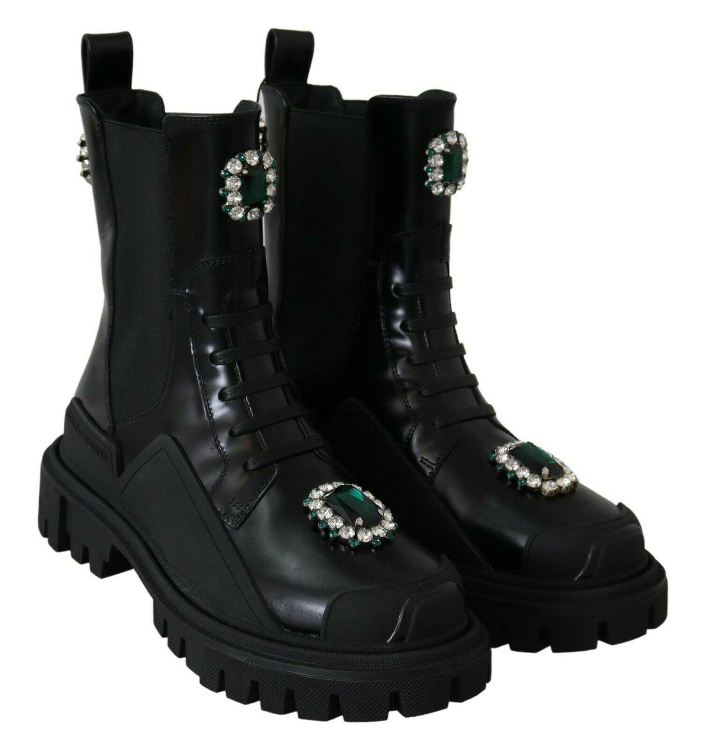 Dolce & Gabbana Elegant Black Leather Combat Boots with Crystal Detail - Arichezz.store