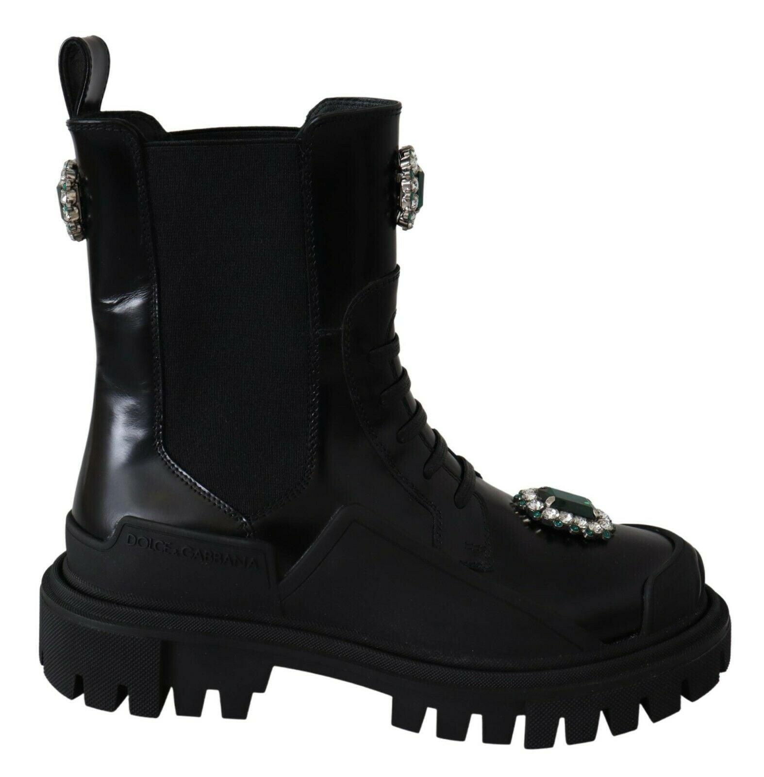 Dolce & Gabbana Elegant Black Leather Combat Boots with Crystal Detail - Arichezz.store