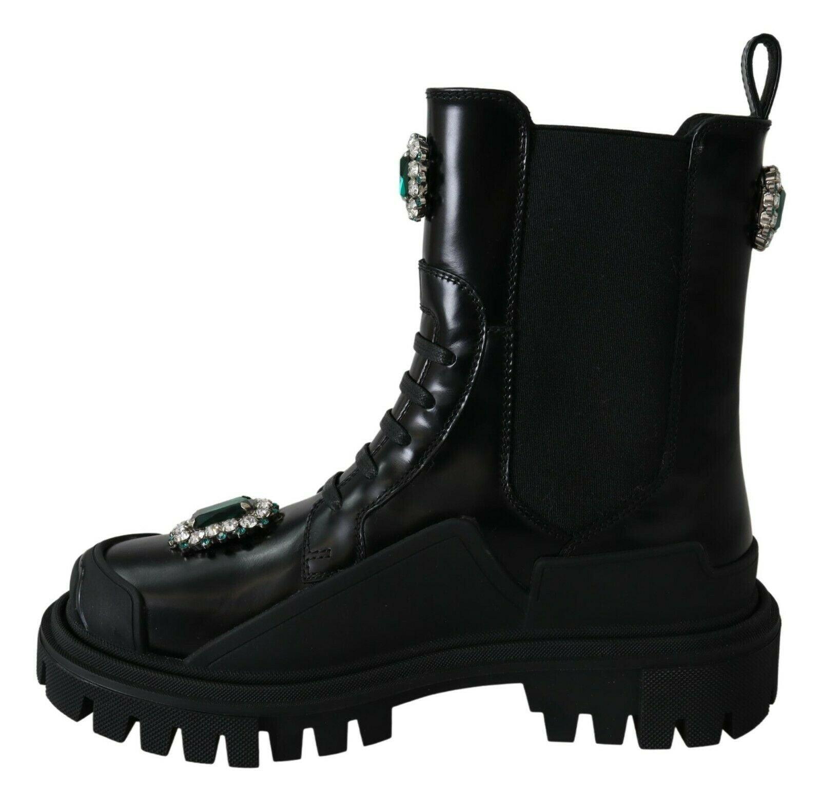 Dolce & Gabbana Elegant Black Leather Combat Boots with Crystal Detail - Arichezz.store