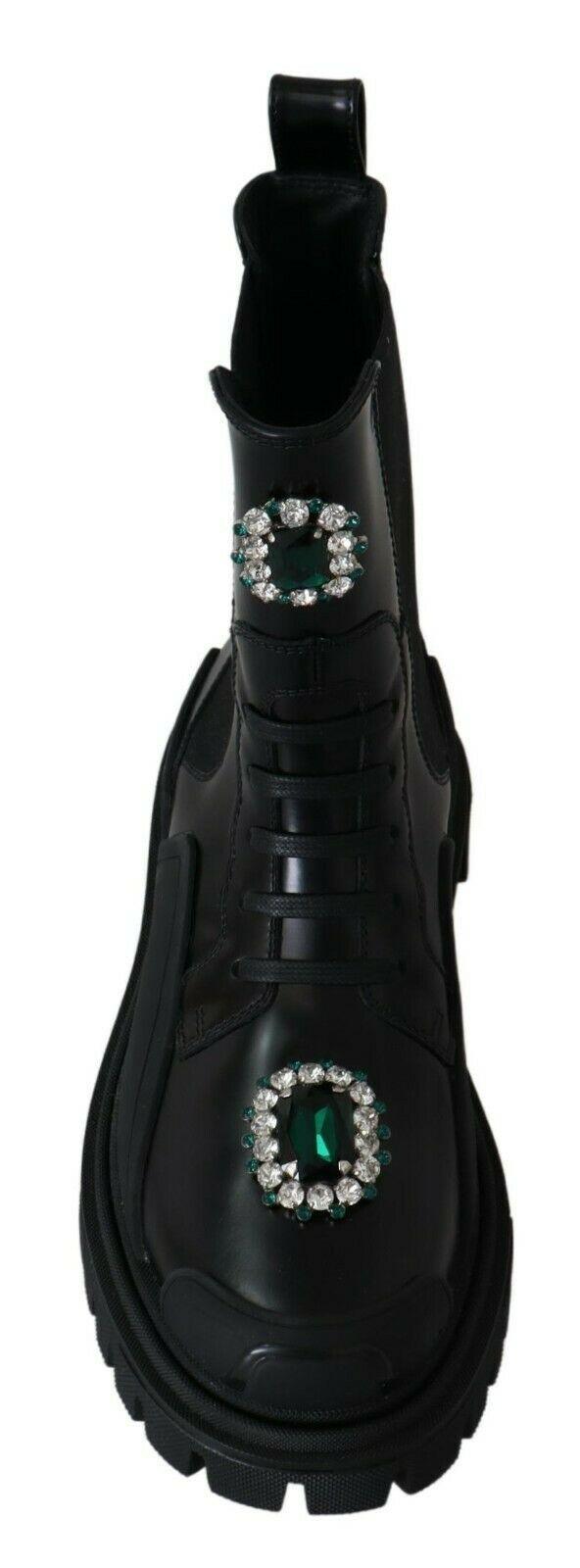 Dolce & Gabbana Elegant Black Leather Combat Boots with Crystal Detail - Arichezz.store