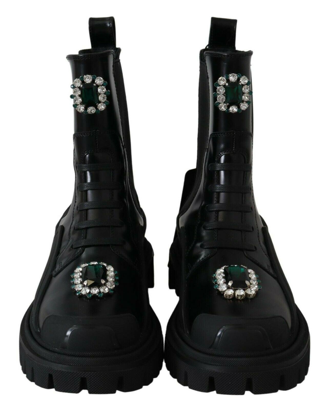 Dolce & Gabbana Elegant Black Leather Combat Boots with Crystal Detail - Arichezz.store