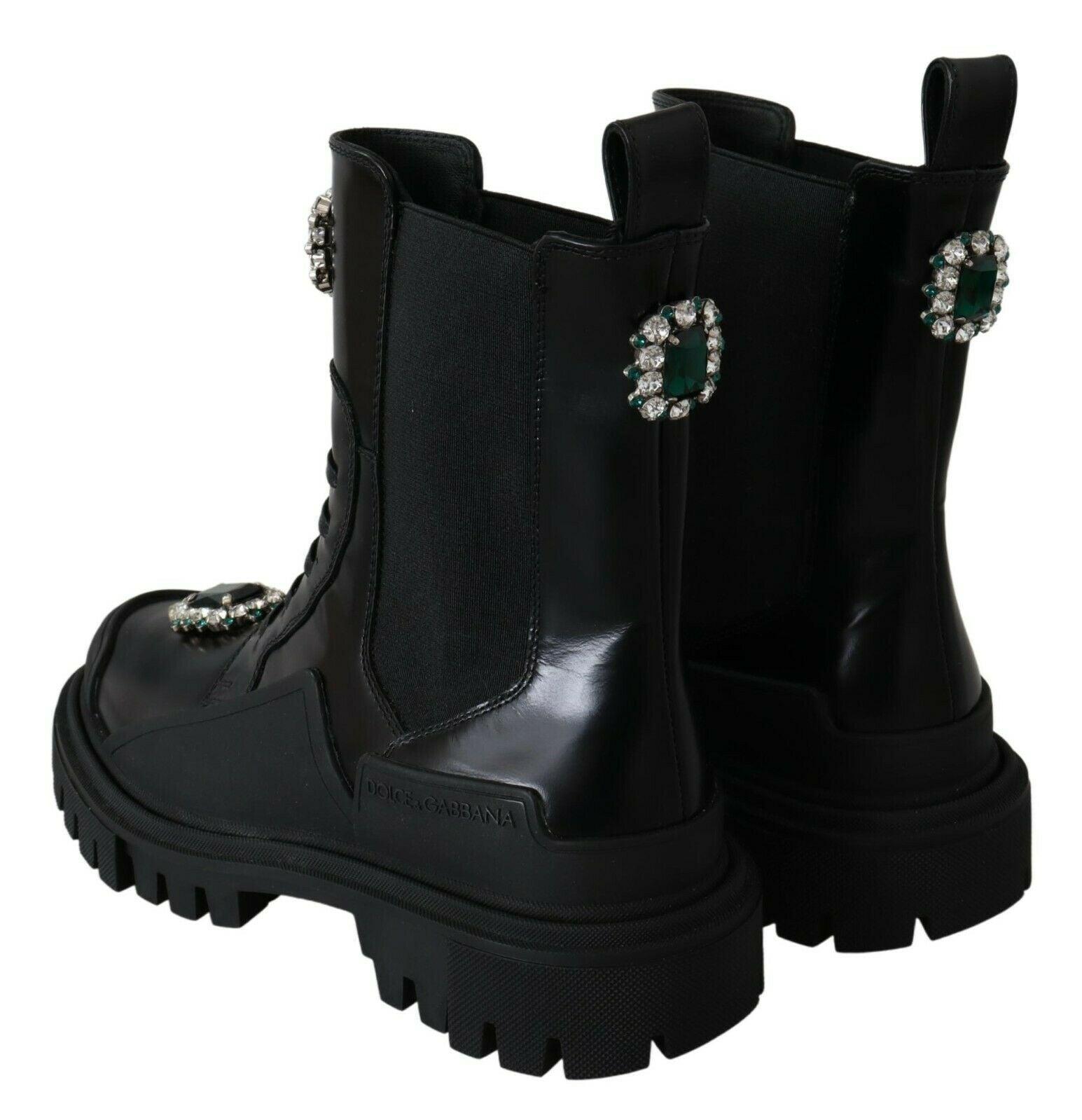 Dolce & Gabbana Elegant Black Leather Combat Boots with Crystal Detail - Arichezz.store