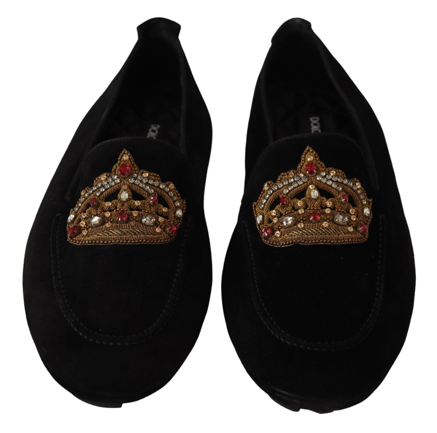 Dolce & Gabbana Elegant Black Leather Loafer Slides with Gold Embroidery - Arichezz.store