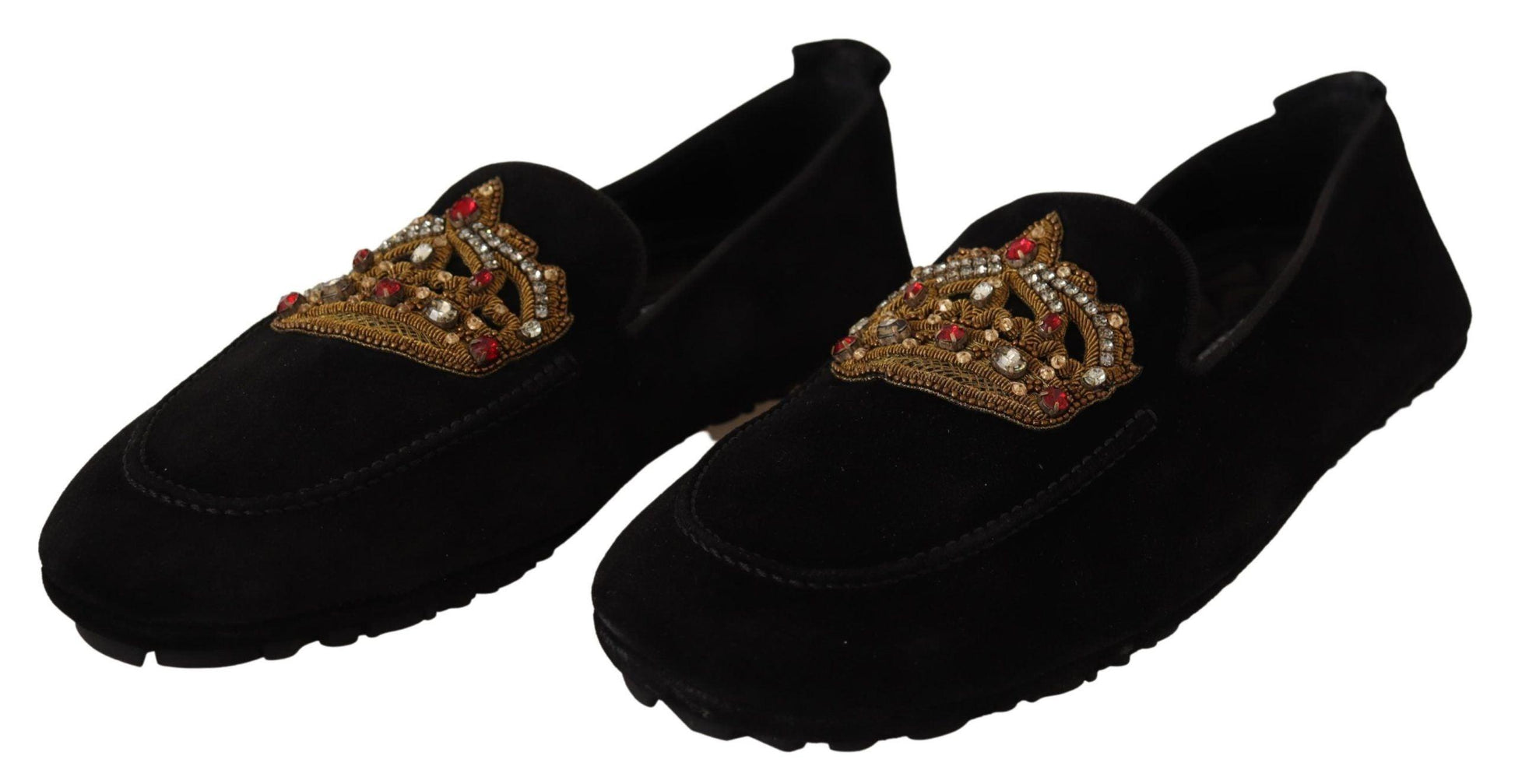 Dolce & Gabbana Elegant Black Leather Loafer Slides with Gold Embroidery - Arichezz.store